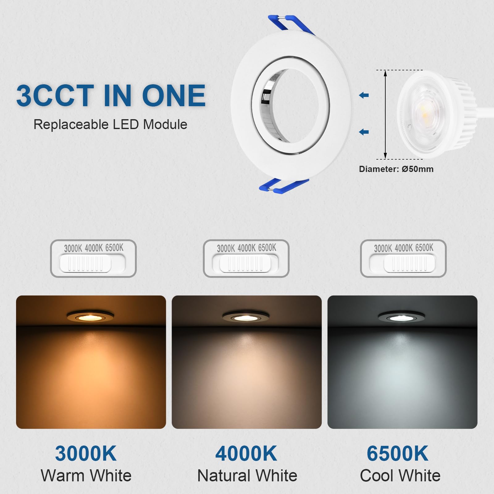 6 Faretti LED Da Incasso Per Soffitto 230V, 5W, 3 CCT Regolabili (3000K/4000K/6500K), Dimmerabili, IP44, Per Bagno, Cucina, Soggiorno