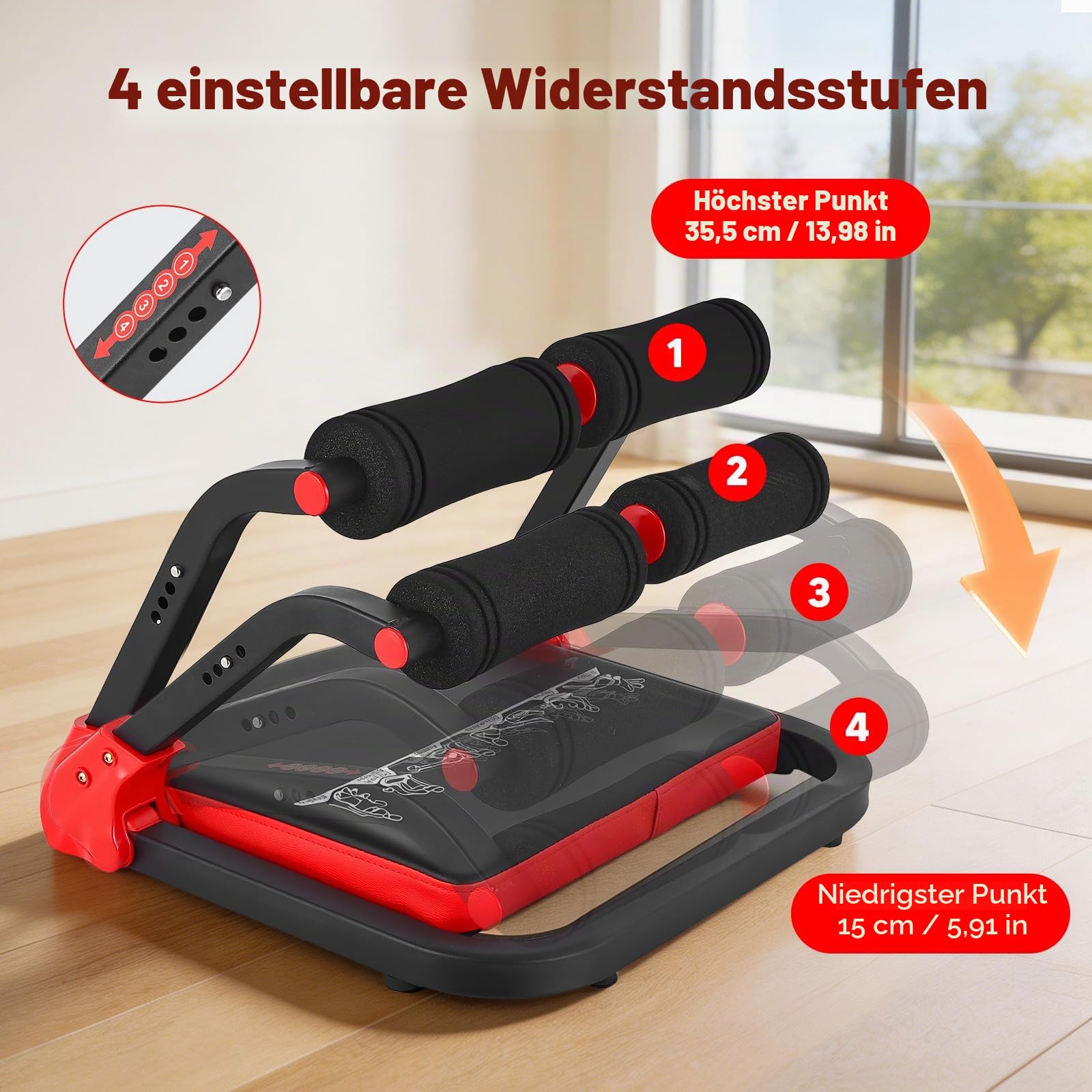 Bauchtrainer für Zuhause 4 Widerstandsstufen – Ganzkörper Core-Trainer für Zuhause, 150 kg belastbar, tragbares Fitnessgerät für Sit-ups, Arme & Beine