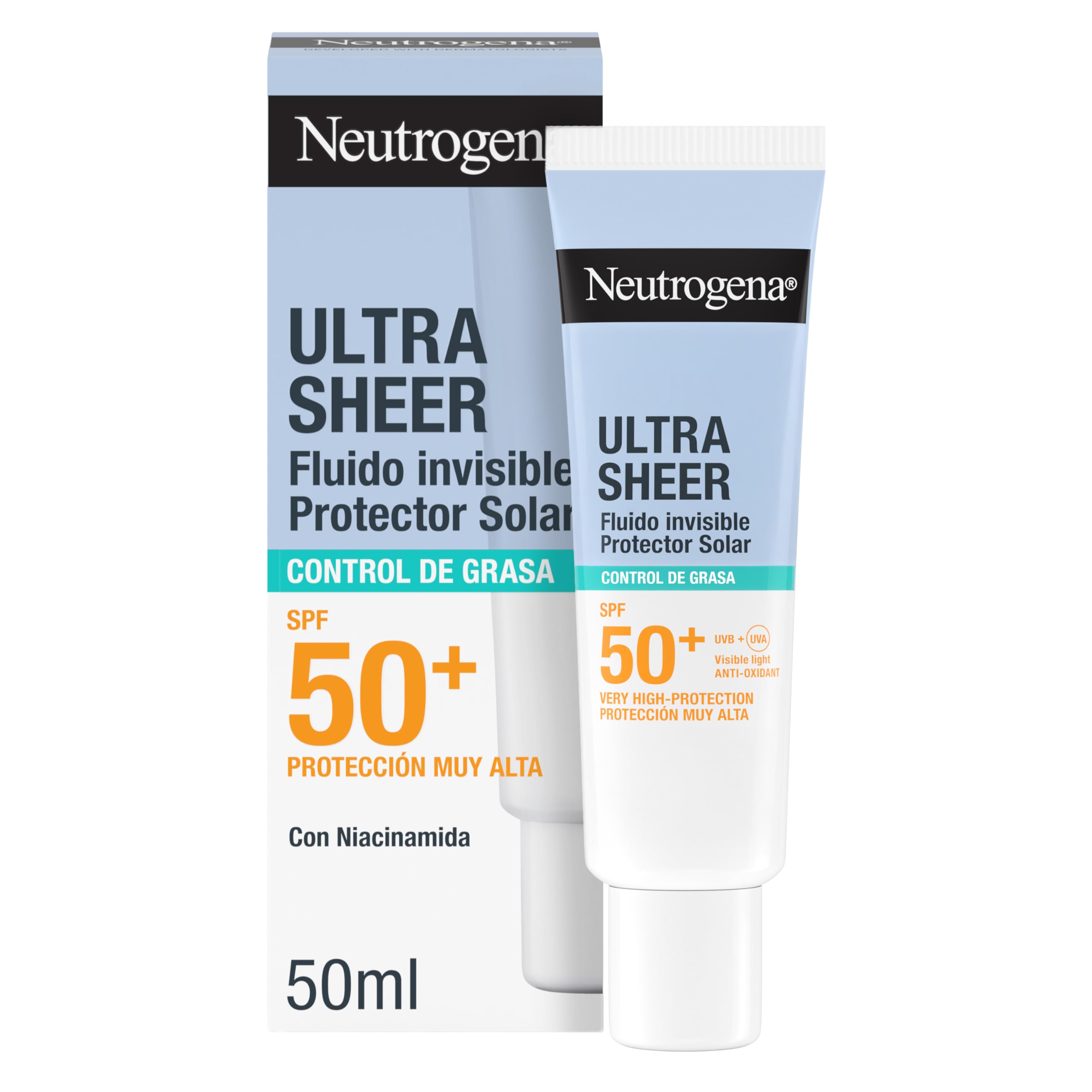 Neutrogena Ultra Sheer Solar Fluido Invisible Oil Control SPF50+ (50ml), protector solar facial 50+ de amplio espectro, crema de sol para piel grasa/con tendencia al acné, ligera y resistente al agua