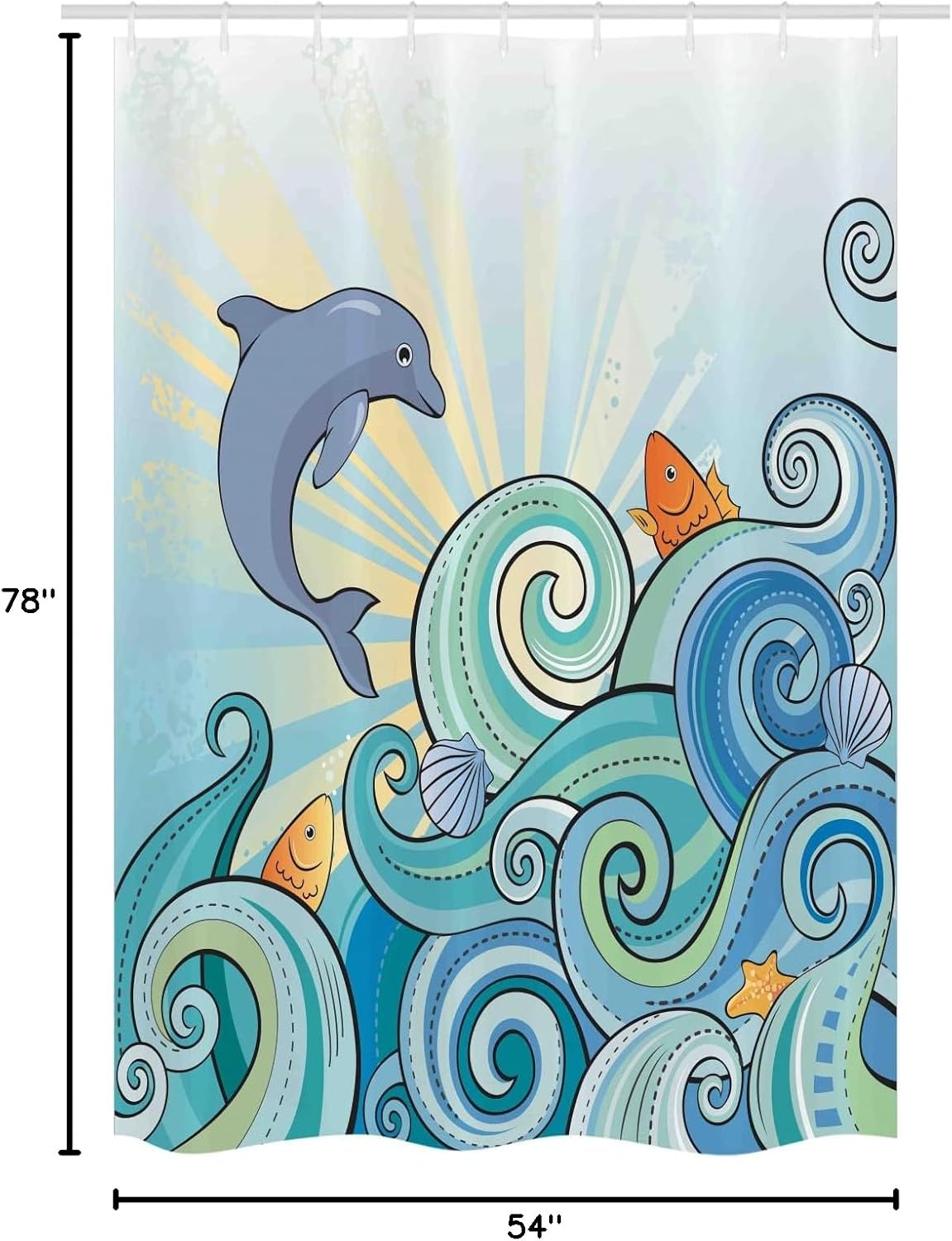 Ambesonne Sea Animals Stall Shower Curtain, Dolphin Fish Starfish Shells in Ocean Marine in Summer Pattern Print, Fabric Bathroom Decor Set with Hooks, 54" W x 78" L, Cream Cadet Blue Sea Blue