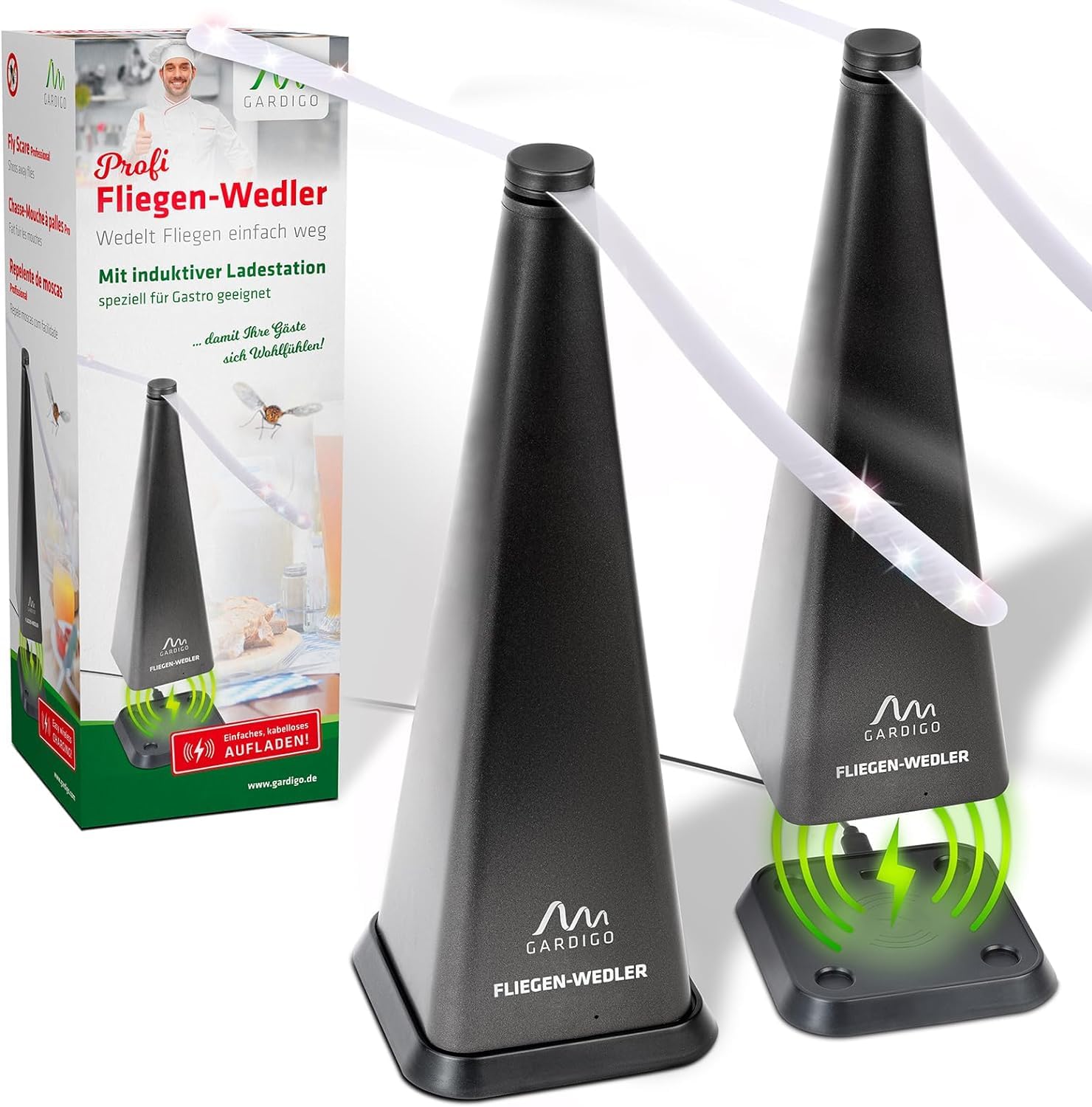 GARDIGO® 2x Repellente Mosche Professionale | con Base per Ricarica USB | Scaccia Mosche da Tavolo, Cibo | per Casa, Giardino, Ristoranti, Hotel, Catering | Ventilatore Anti Mosche | Esterno, Interno