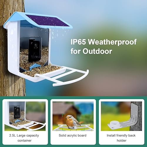 Miniatura 5 de Cámara inteligente de comedero de pájaros con panel solar cámara HD 1080P captura automática de video de pájaros y notificación de aplicación cuando