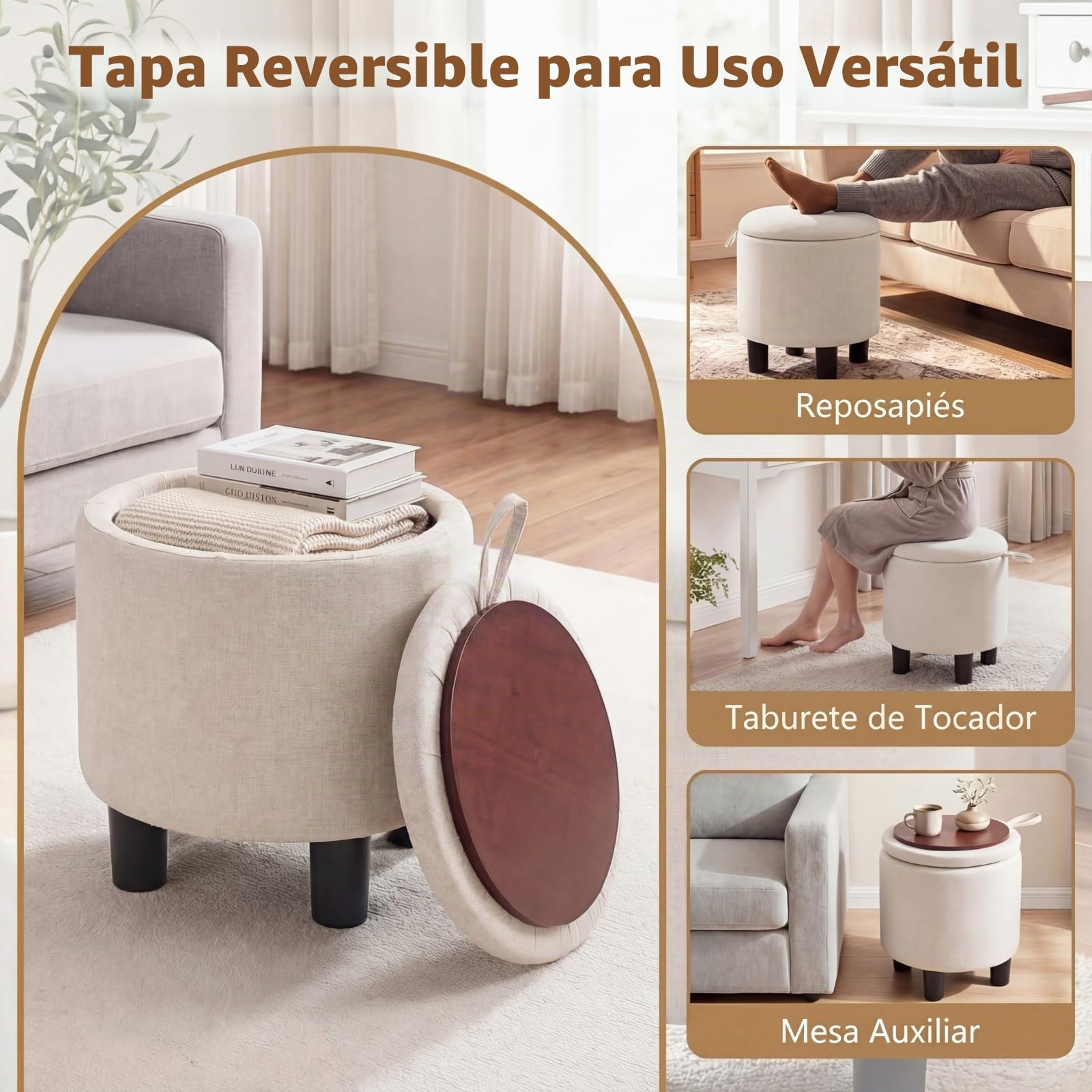 COSTWAY Puff Almacenaje Redondo, Taburete Reposapiés Tapizado en Tela de Lino con Tapa Abatible de Doble Uso, 4 Patas, Otomana de Almacenamiento, Montaje Fácil, para Sala de Estar y Dormitorio, Beige