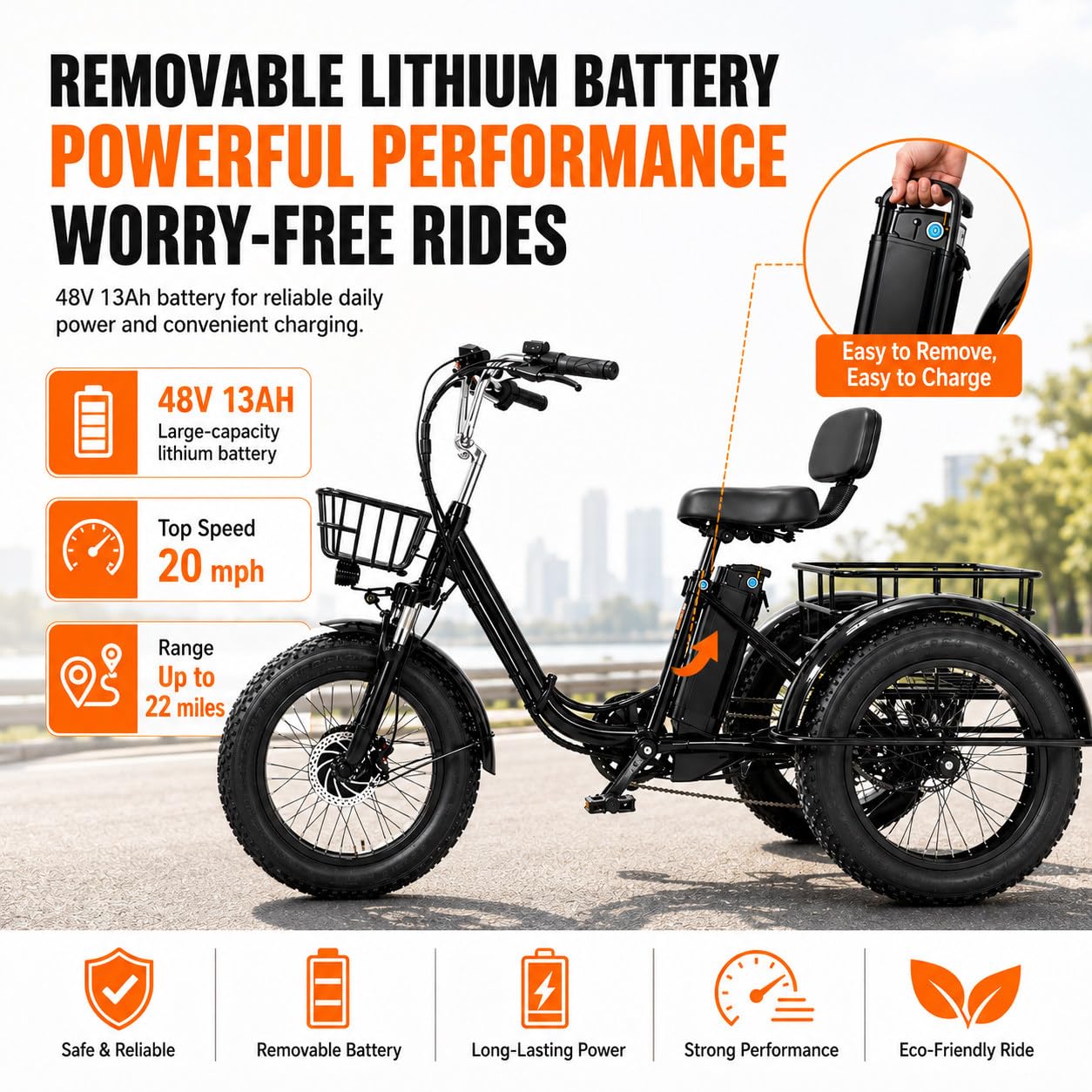 Triciclo Elettrico Pieghevole da 20" con Batteria Rimovibile da 48 V 13 Ah, Bici Elettrica Pieghevole a 7 velocità per Adulti, Autonomia 45 Km, Display LCD, per Shopping/Anziani