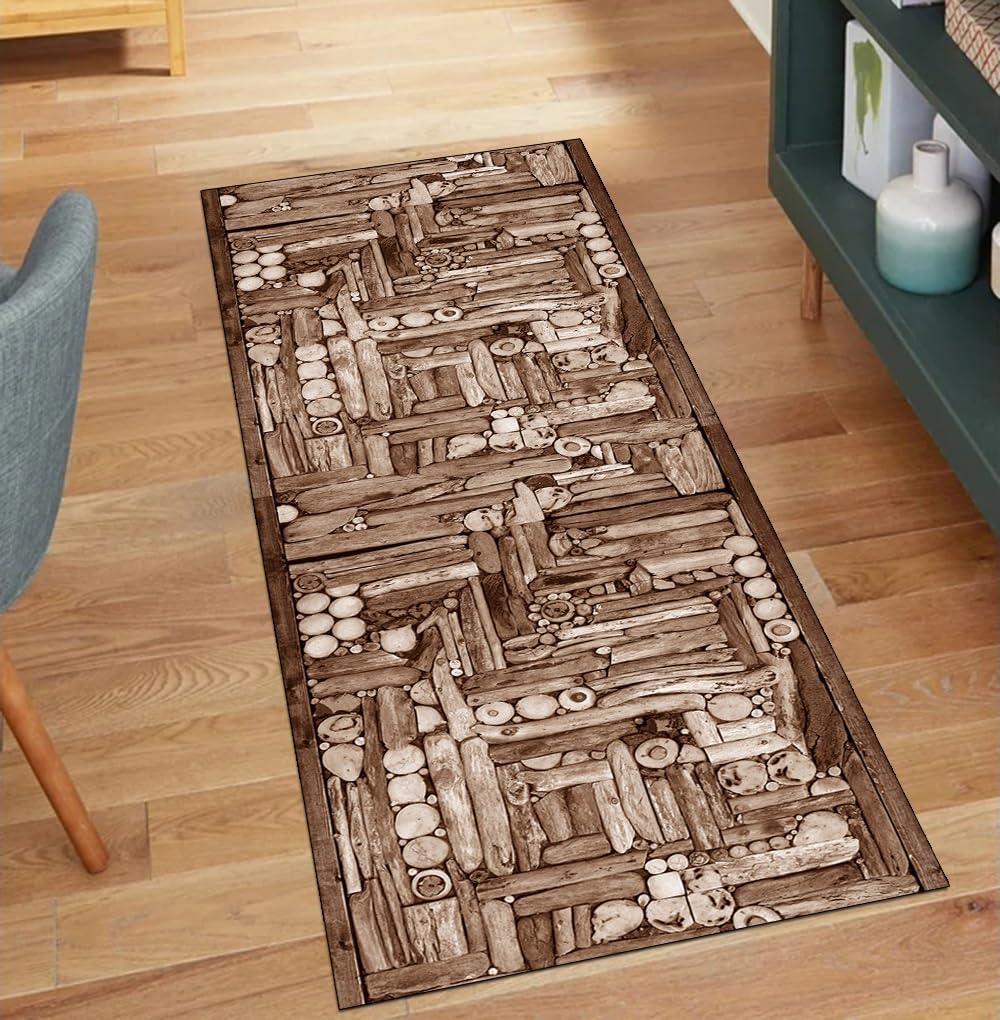 Alfombra antideslizante para pasillos largos evita resbalones con diseño madera marrón
