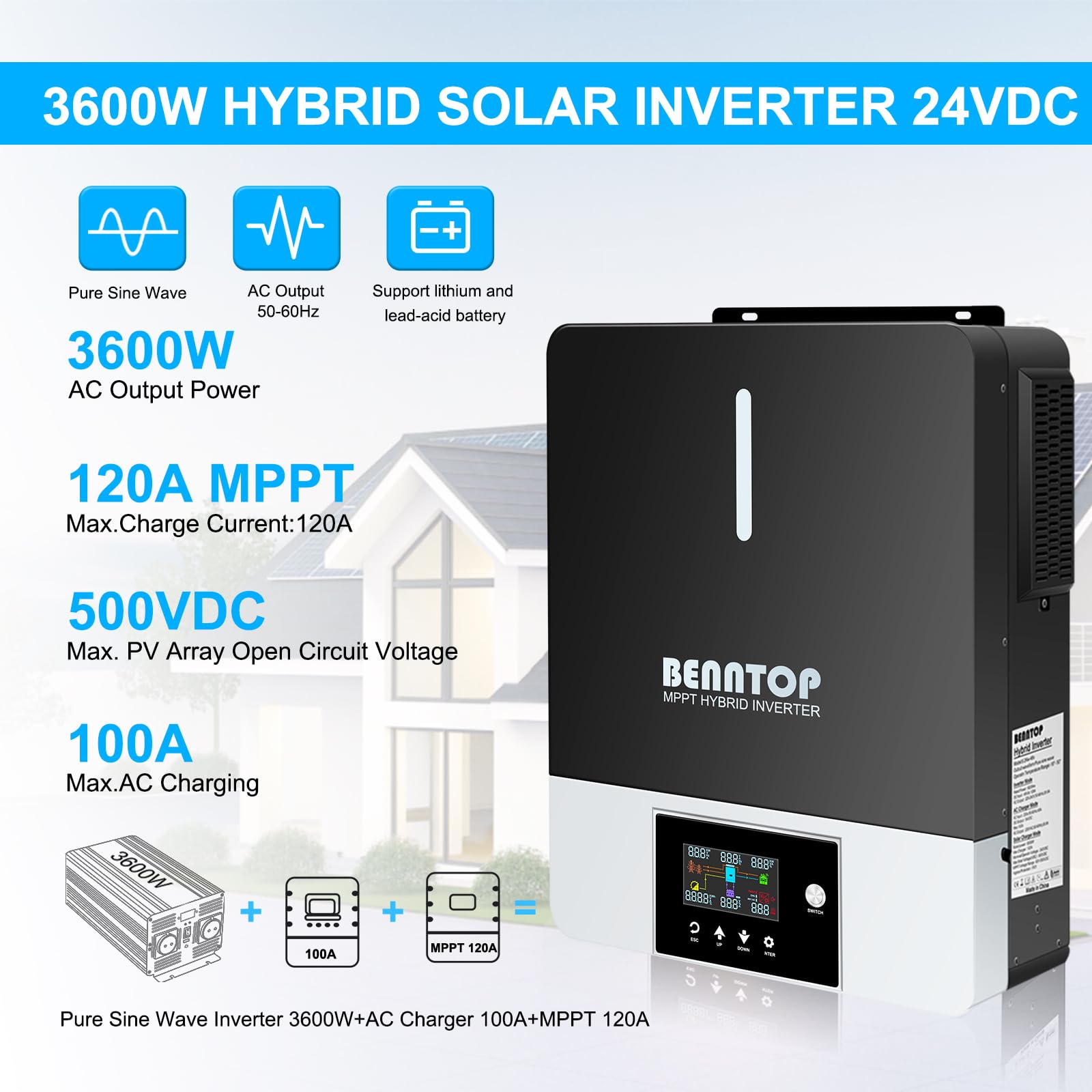 Hybrid Wechselrichter Reiner Sinus 3600W 24V DC auf 220/230 V AC Solarwechselrichter PV Max.500V Avec Chargeur Solaire 120A MPPT für Netzunabhängige Blei-Säure-Lithium-Batterie