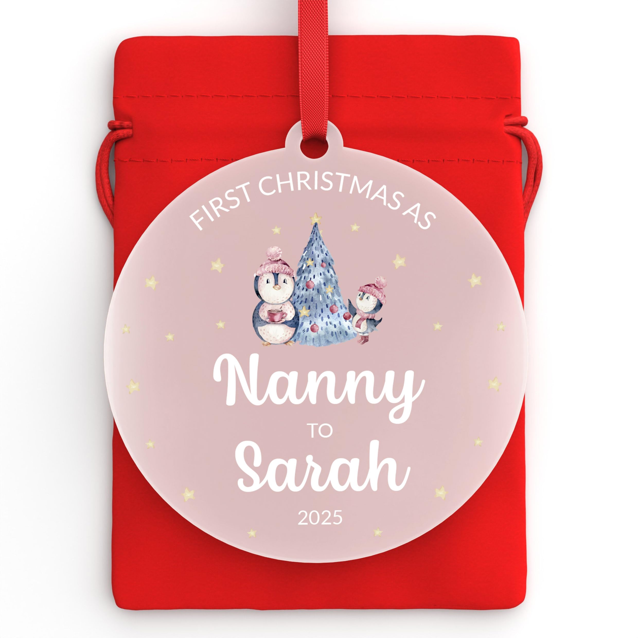 Beecreative First Christmas As Nanny Nana Nanna Grandma Bauble - Grandson Granddaughter 1st Xmas Bauble Decoration - Baby 1st Xmas - With Red Bag