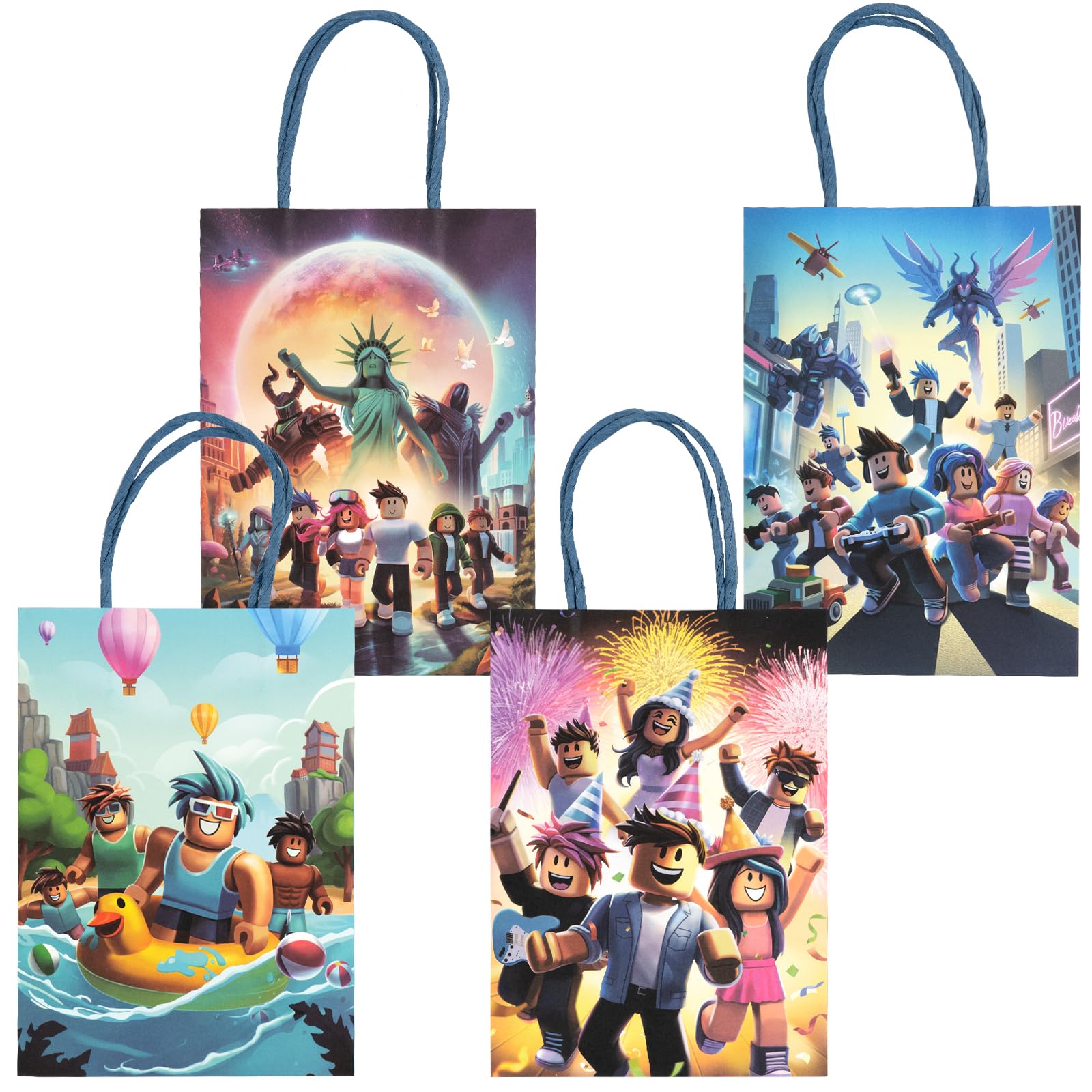 16PCS Game Theme Party Gift Bags, Four Unique Designs Goodie Bags for Boys Girls Kids Gaming Party Favors Supplies Candy Treat Loot Exchange Gifting Goodies, Sturdy Extra Thick with Handle (Adventure, Small 8"x6")