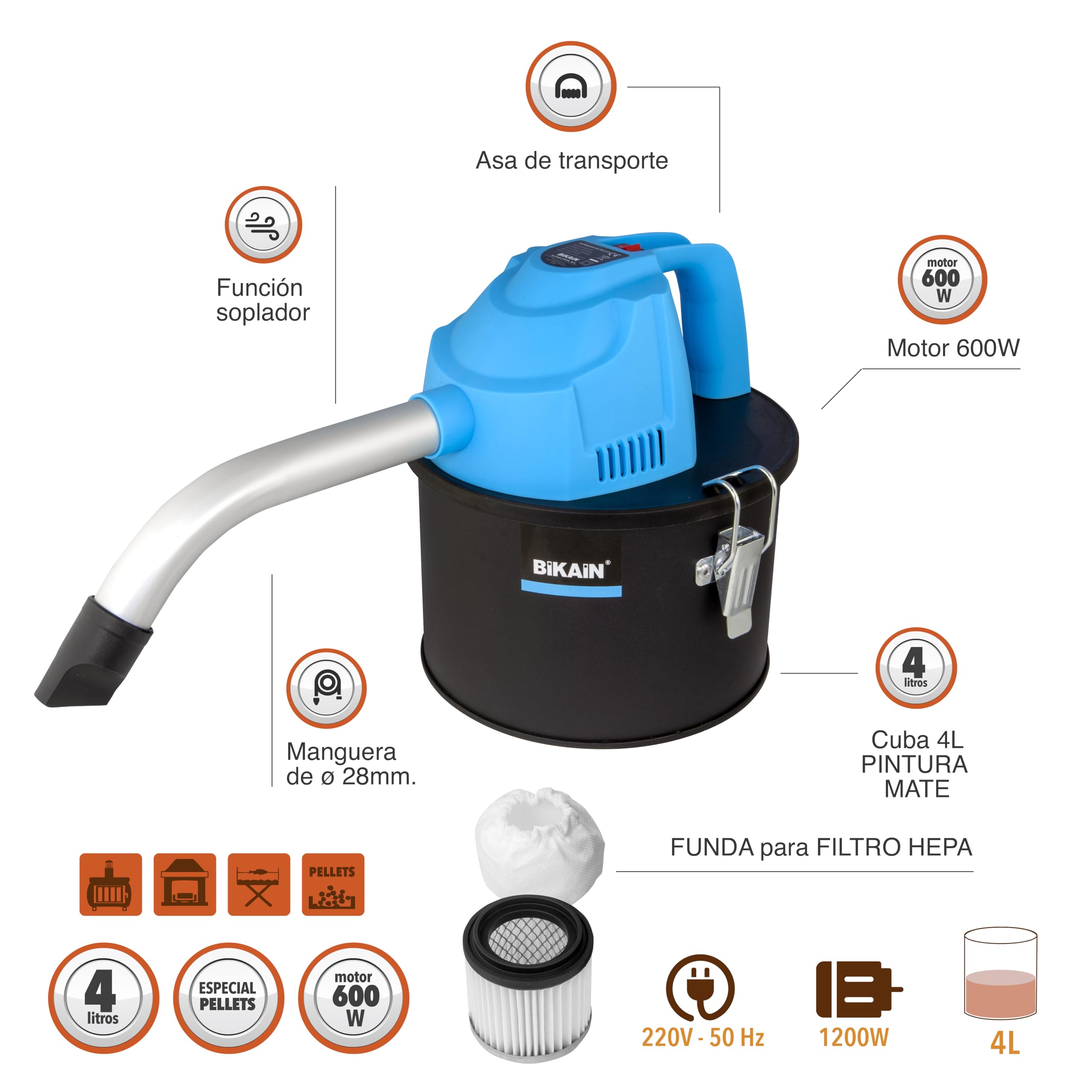 Aspirateur à Cendres Portable pour Pellets - Design Compact - Puissance 600W et Capacité 4L - Système de Nettoyage par Filtre HEPA - Cuve en Acier Inoxydable - Nettoyage Cheminées et Pellets - Bikain