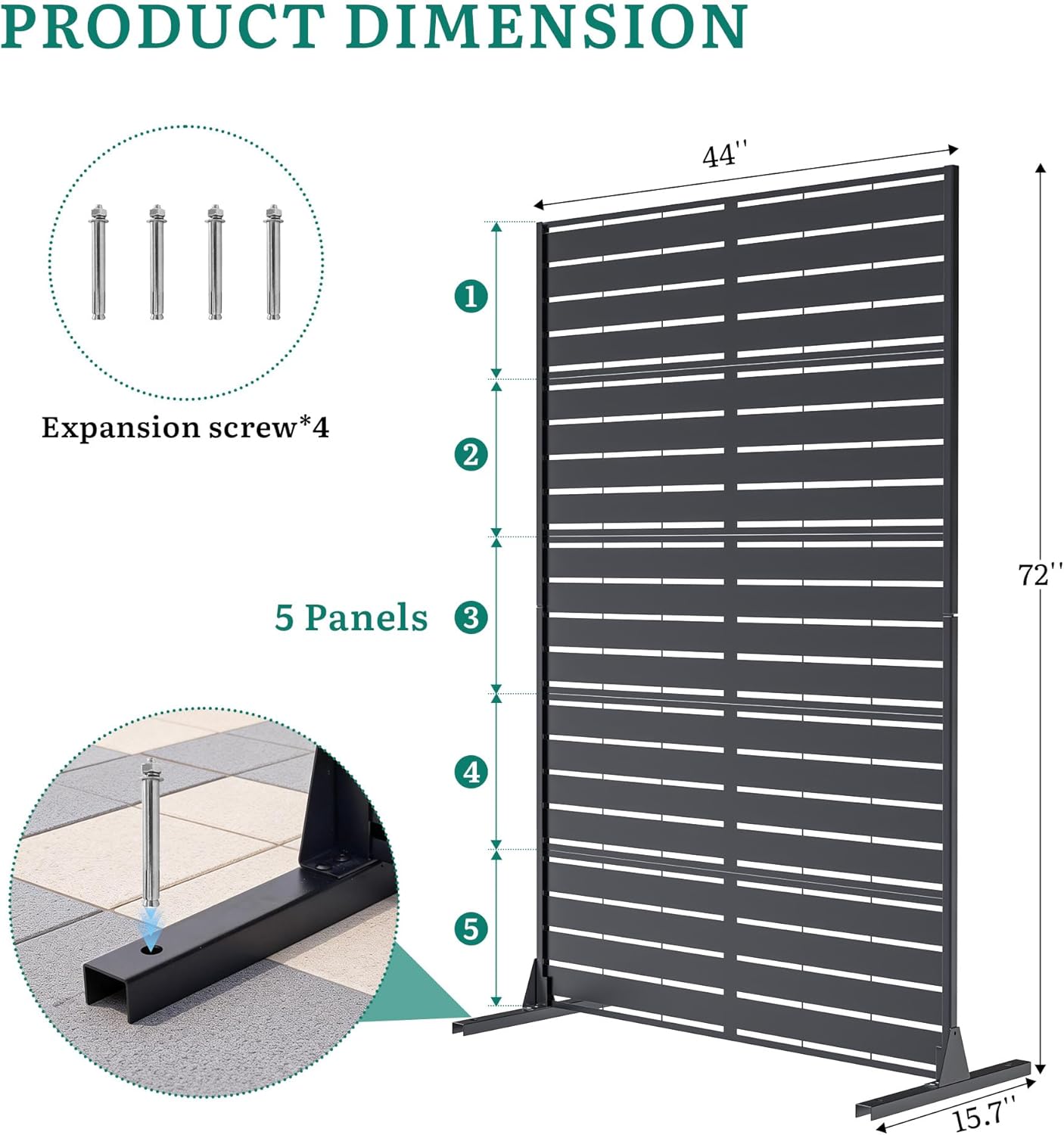 Slatted Privacy Screen Outdoor, 72" H×44" W Modern Decorative Steel Garden Divider Panel, Weatherproof Freestanding Privacy Fence with Ground Stakes for Balcony Patio Deck Backyard Room