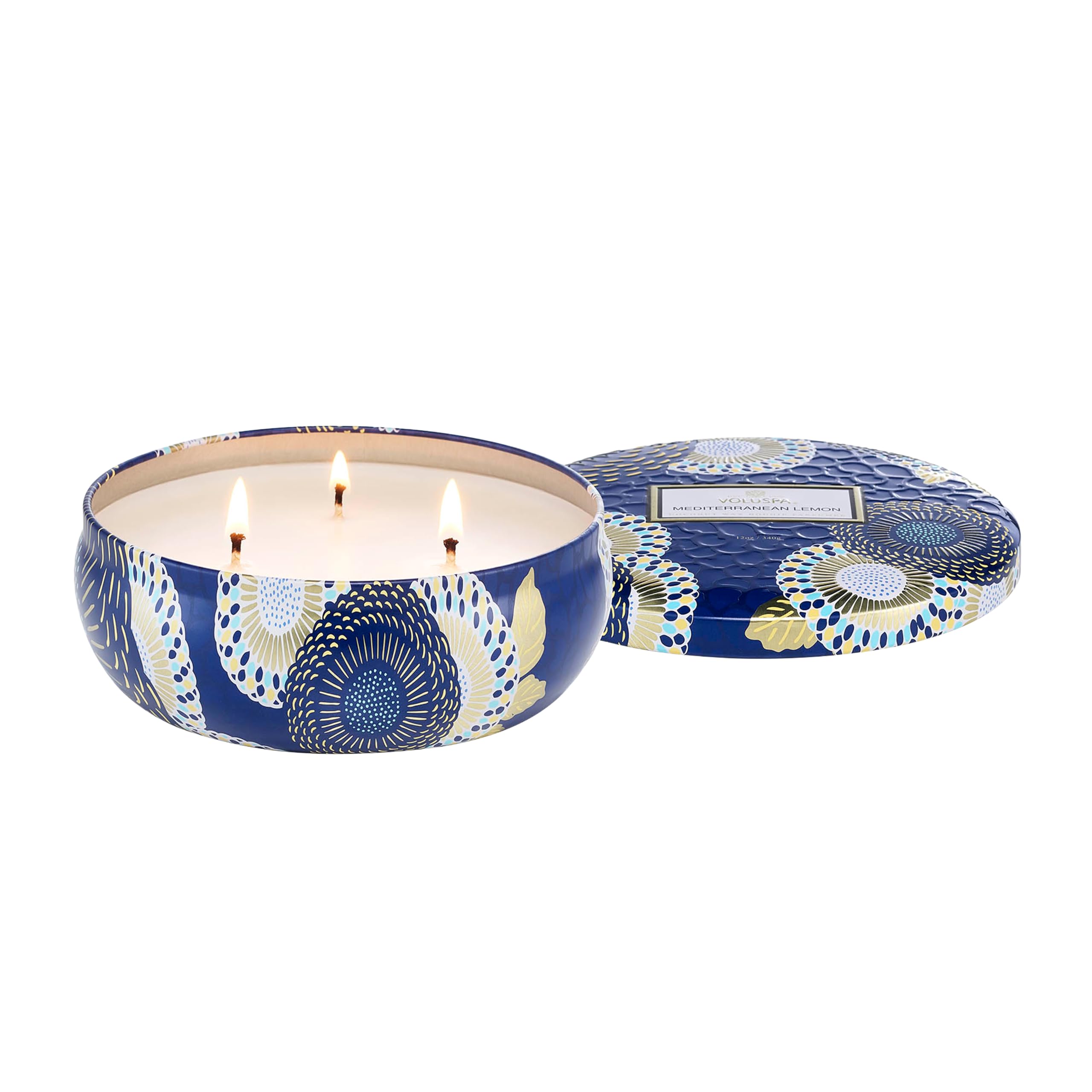 Voluspa Mediterranean Lemon Candle Tin, 12 oz, Coconut Wax Blend, 3 Wick Candle Tin, Scented Candles for Home, 40 Hour Burn Time, Poured in the USA