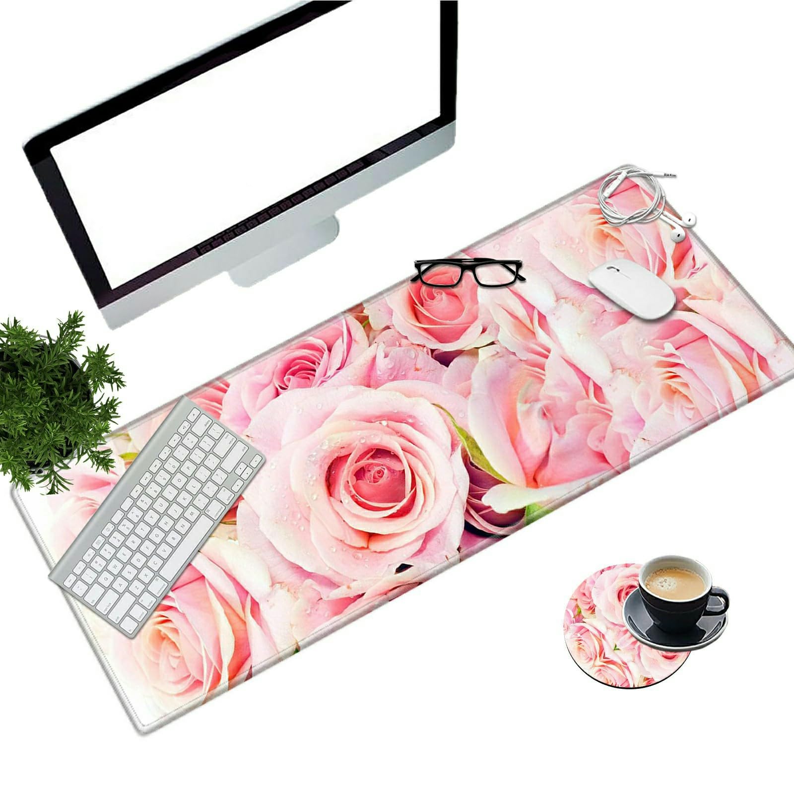 Desk Pad Mat Large Mouse Pad XL Extended Mousepad Gaming with Pink Rose 31.5" *11.8" Huge Mouse Pads for Computer Laptop Home Office + Cup Coaster