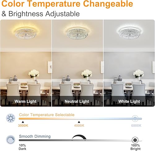 Miniatura 4 de Fandelier Ceiling Fan with Lights and Remote Control Dimmable Crystal Ceiling Fan LED 3 Color 6 Speeds Chandelier Fan Bedroom Kitchen Living Room