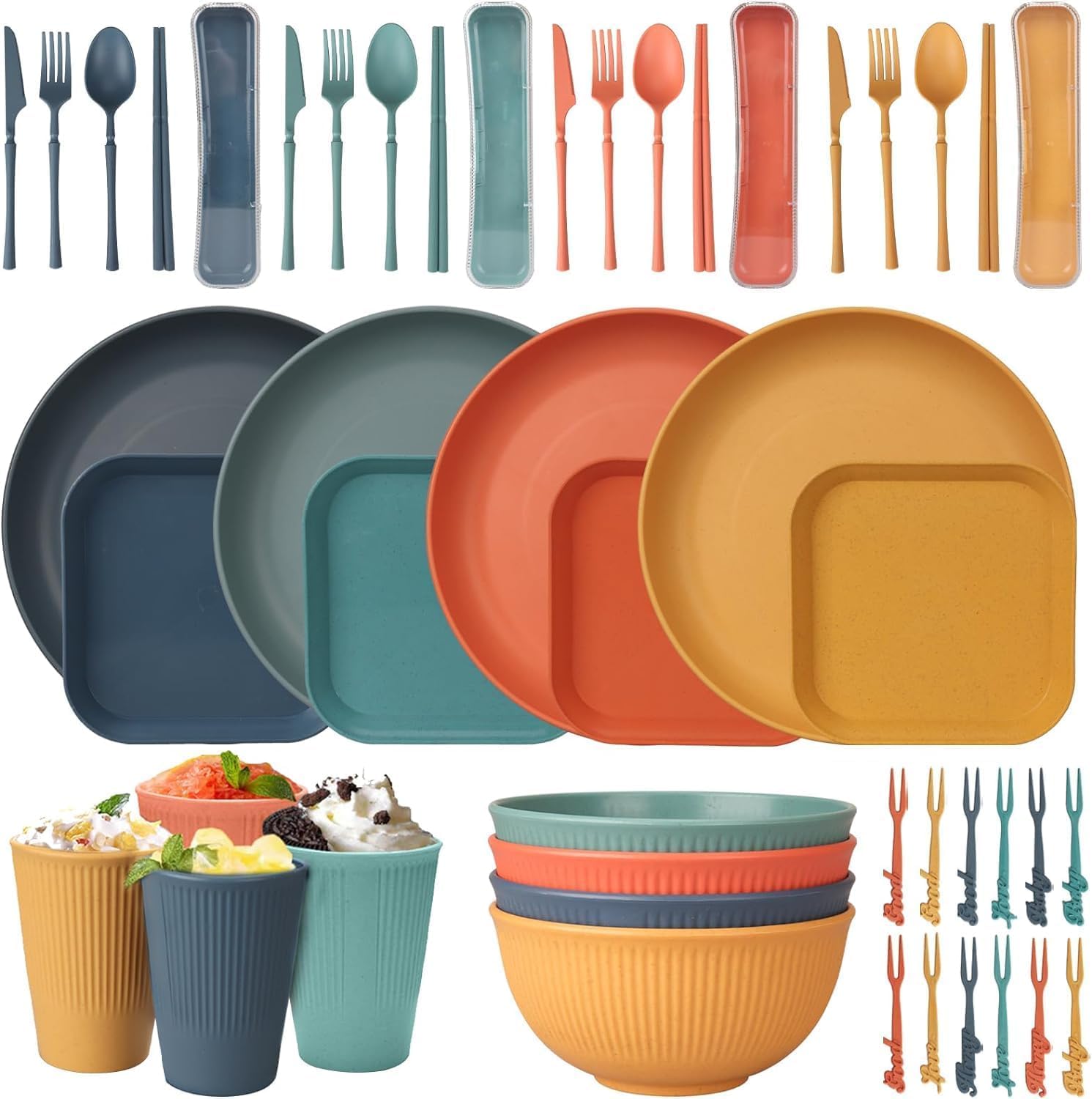 52 Pièces Vaisselle Camping, Vaisselle Plastique Reutilisable, Assiette Camping Accessoires Tasses Bols Fourchettes, pour Pique Nique, Fête, Camping (4 Couleurs)