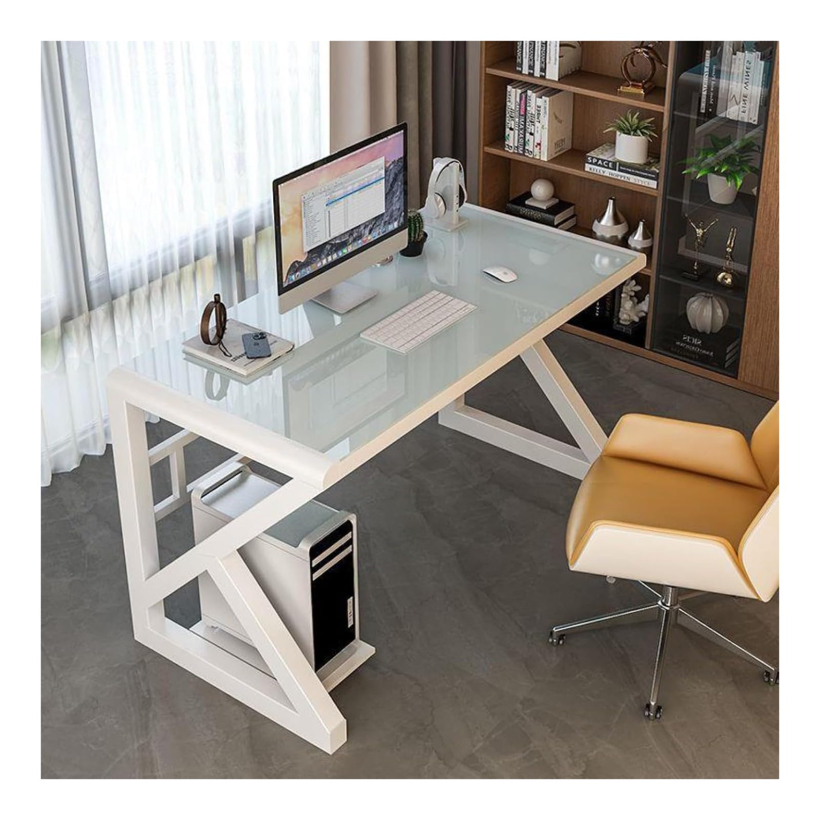 Wdsopk White Computer Desk Home Office Desk Tempered Glass Computer Desk, Modern Home Office Desk Gaming Desk Writing Study For Study Play Work Bedroom Home Office（-100Cm）
