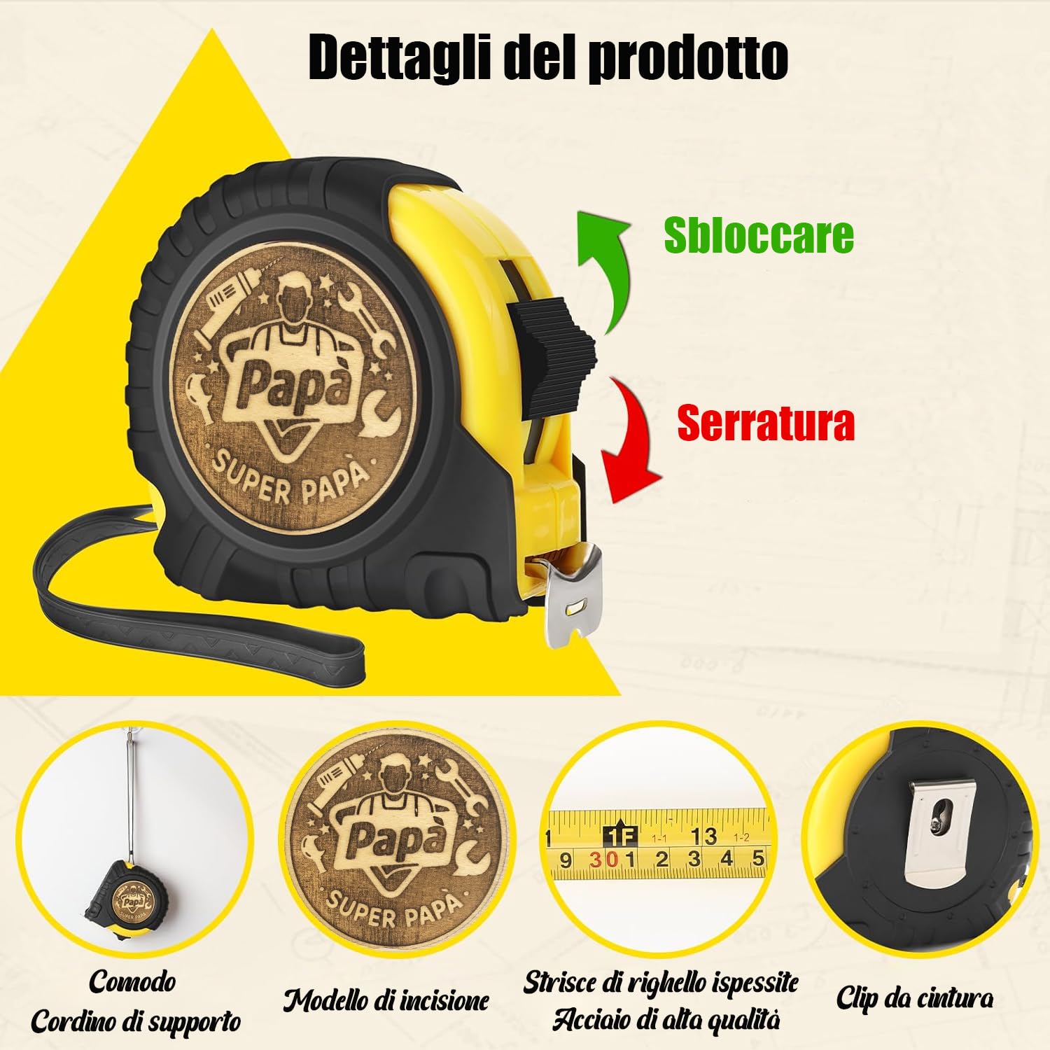Regalo di laurea per la festa del papà, metro a nastro per papà, regalo di compleanno e Natale per papà, metro a nastro in vera pelle inciso da 5 metri e 25 mm, regalo per papà, giallo