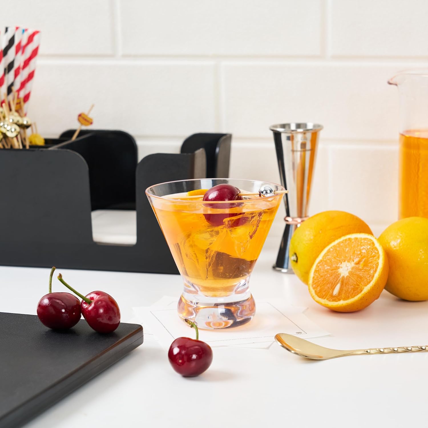 Restaurantware 8 Ounce Martini Glasses - 6 Count - Bev Tek 3.86" Stemless Plastic Crystal Clear Cocktail Glasses, Shatter-resistant, Dishwasher-Safe - 8 Oz Cocktail Drinkware For Parties