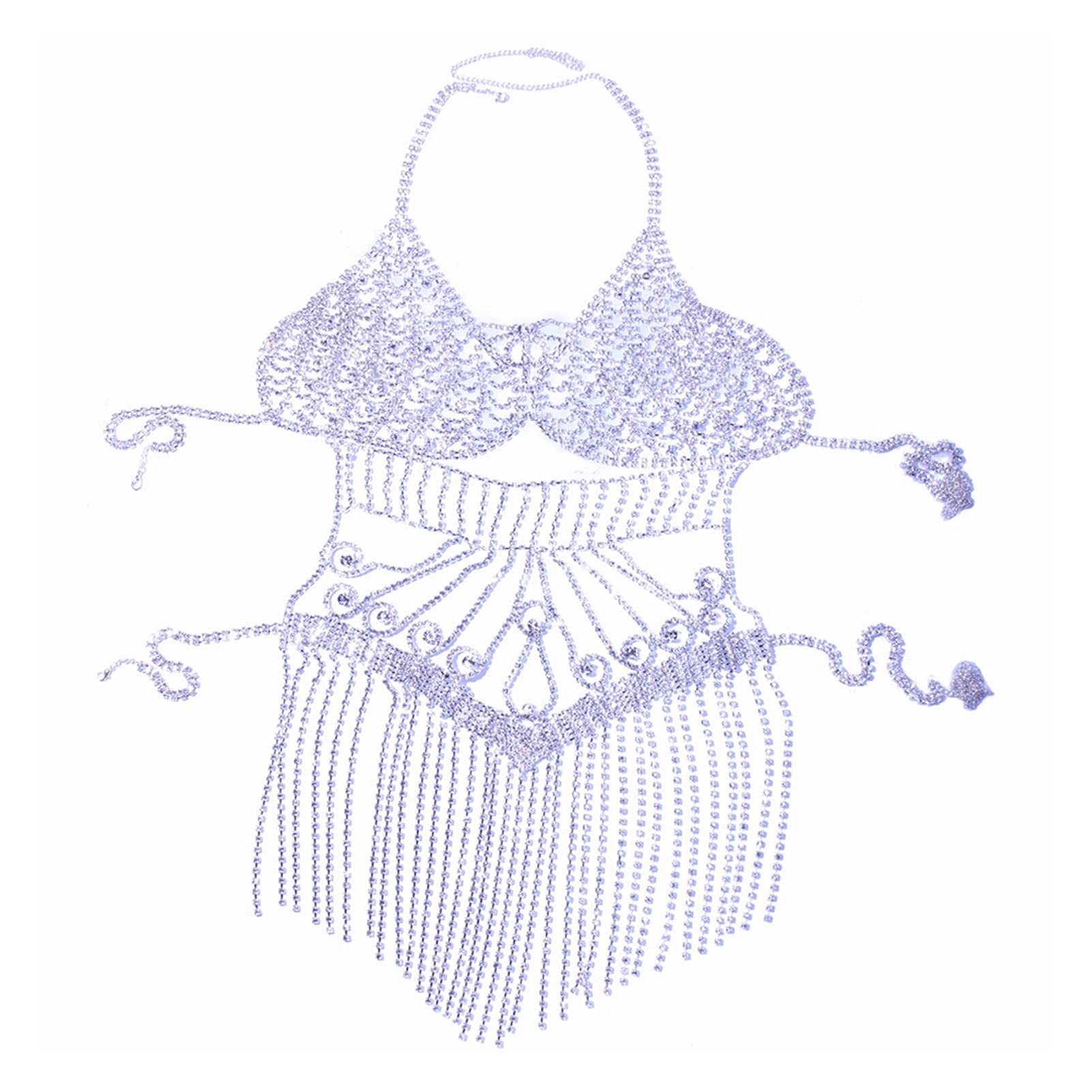 Chaîne de Corps Bijoux Brillants chaîne complète Harnais Cristal Soutien-Gorge Ensemble Gland Strass Body boîte à Bijoux de Corps Cadeau pour Les Femmes (l Couleur : plaqué Argent)