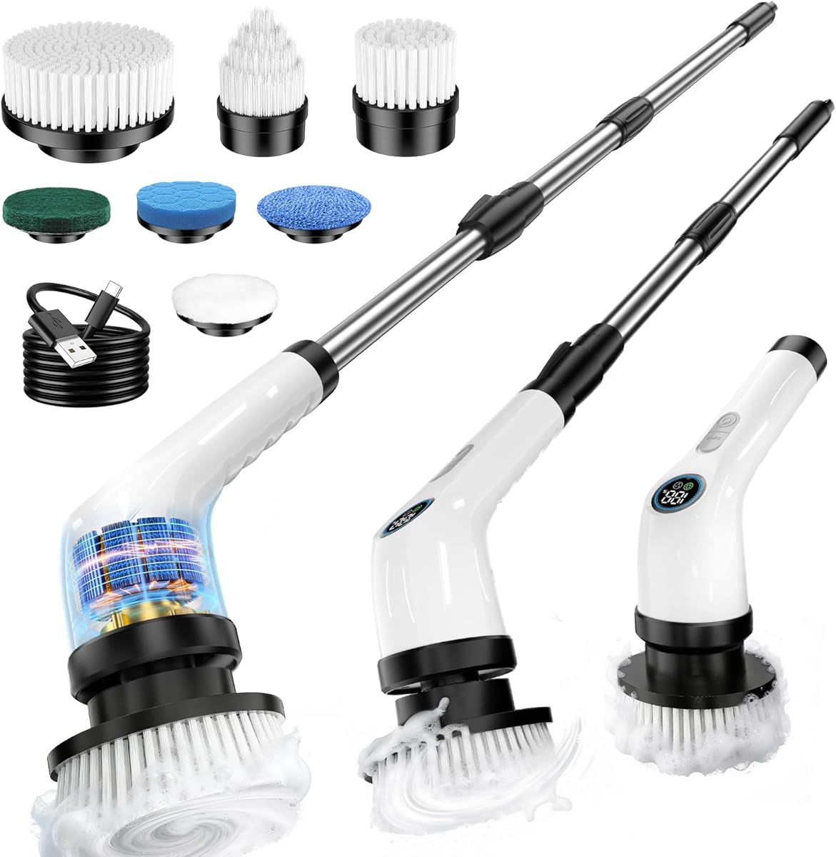 Electric Spin Scrubber Upgraded Battery with Extra-Long Runtime, IPX7 Waterproof Power Cleaner with 7 Brush Heads, 2 Speeds Adjustable Long Handle for Bathroom, Floor, Shower, Tile & Kitchen Cleaning