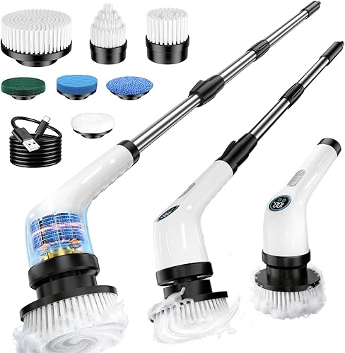 Electric Spin Scrubber Upgraded Battery with Extra-Long Runtime, IPX7 Waterproof Power Cleaner with 7 Brush Heads, 2 Speeds Adjustable Long Handle