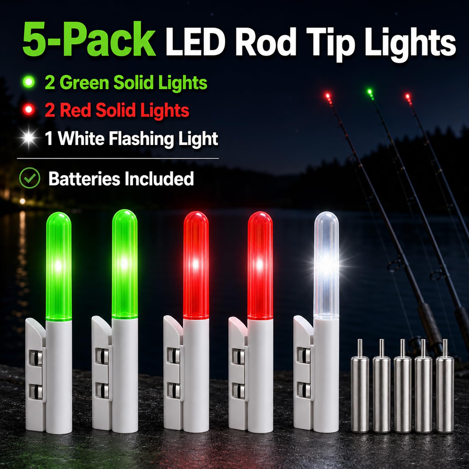 LED Fishing Rod Tip Lights – Smart Strike Indicator & Bite Alarm for Night Fishing – Waterproof Clip-On Alert with High Visibility Glow for Catfish, Carp & Surf Casting (Battery Included)