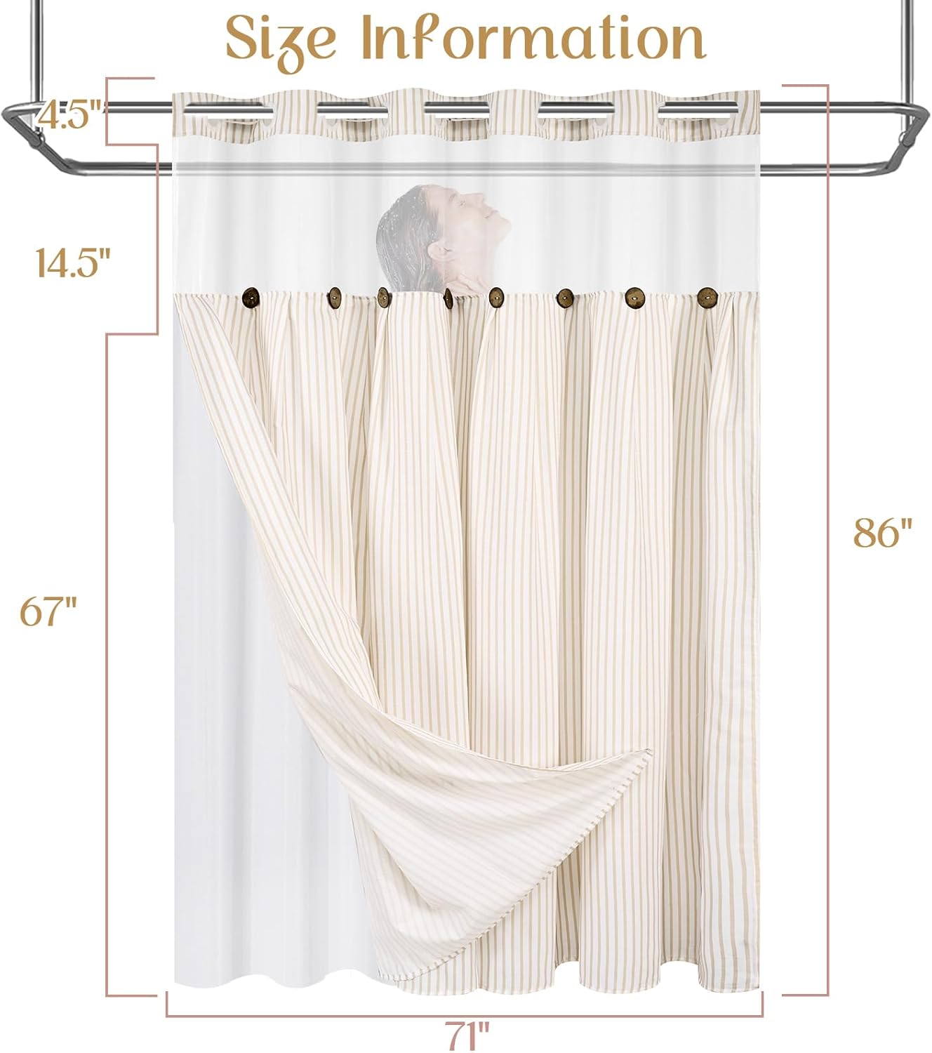 ASPMIZ Farmhouse Shower Curtain Set, No Hook Shower Curtain with Snap in Liner Fabric, Boho Washable Waterproof Bathroom Curtains Rustic Country, Mesh Top Window, Beige Striped, 71"x 86"