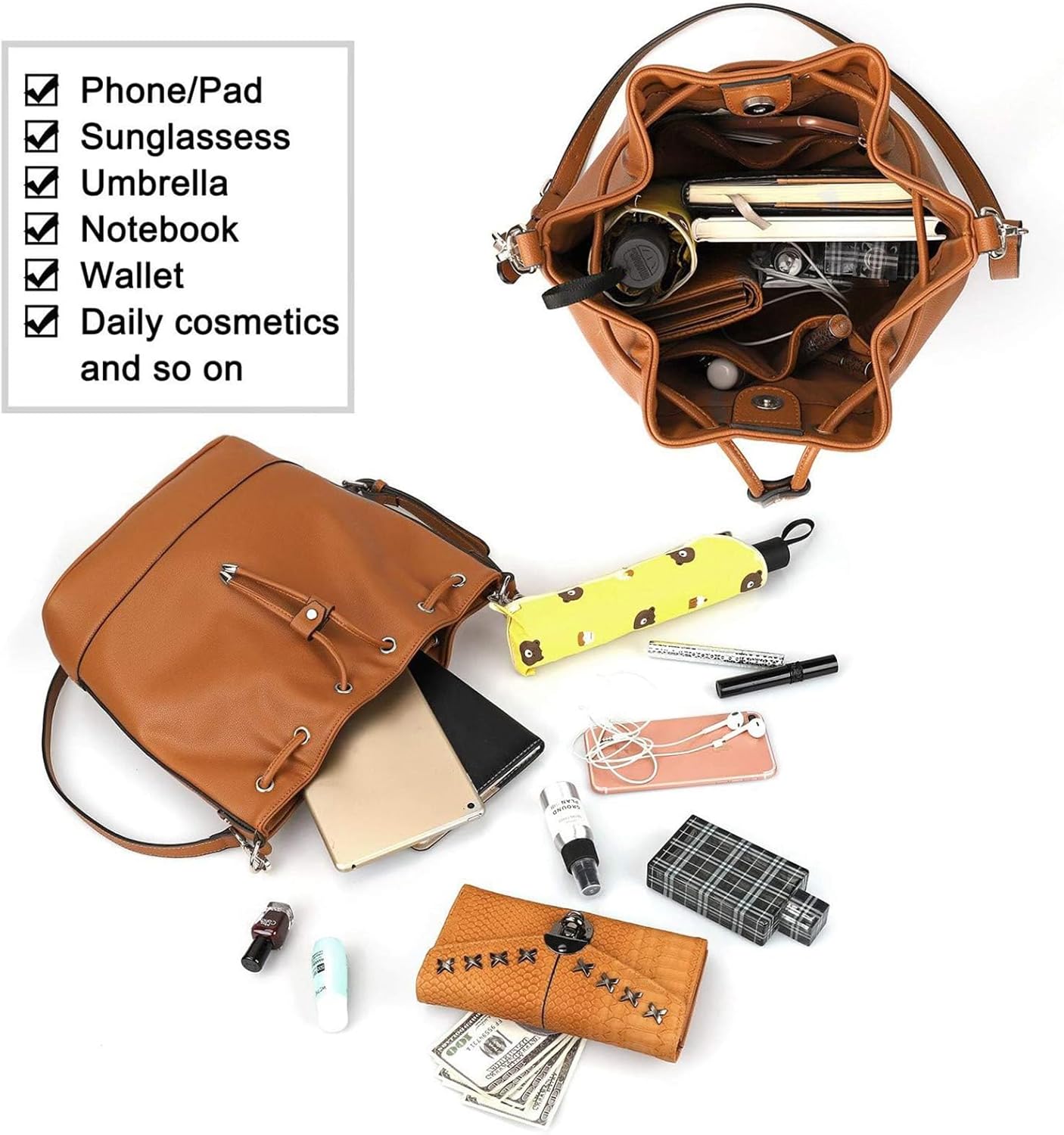 AFKOMST Leather Bucket Bags and Drawstring Crossbody Purse for Women Medium Tote and Hobo Handbags with 2 Shouder Straps - Image 5