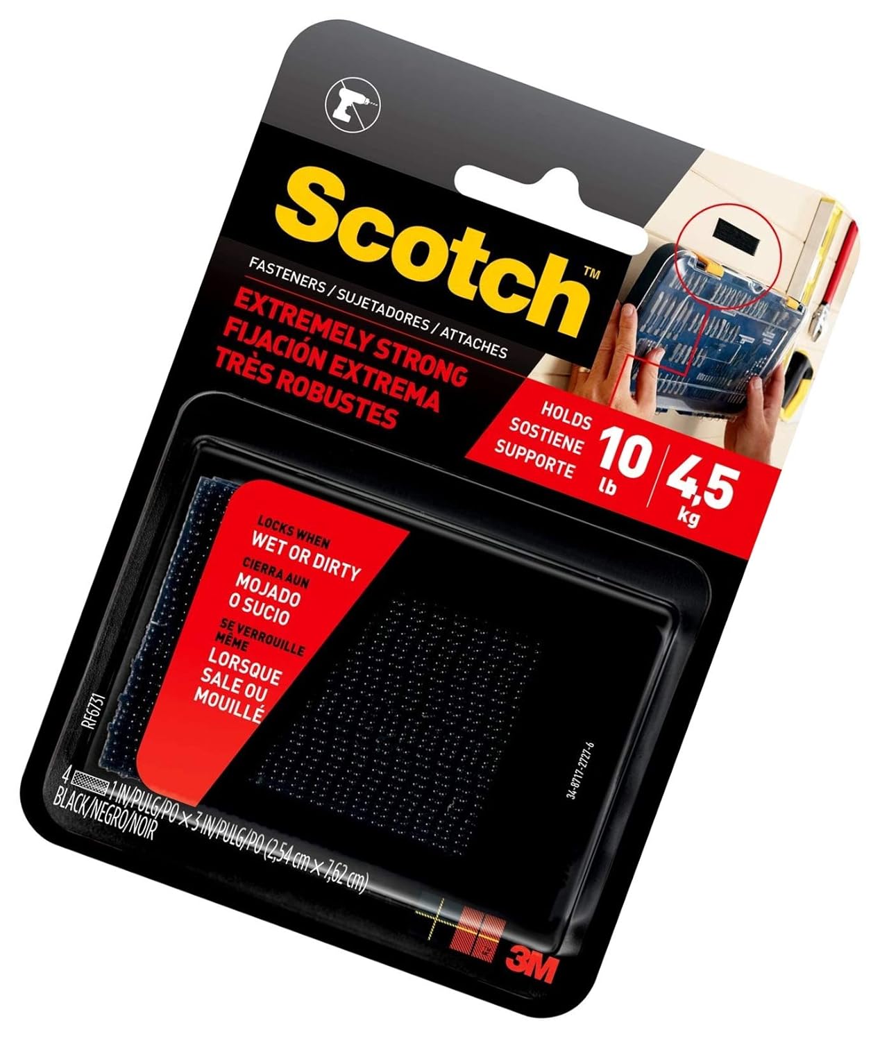 Scotch Interlocking Fasteners, 1 in x 3 in, 4 Strips, Black, Holds up
