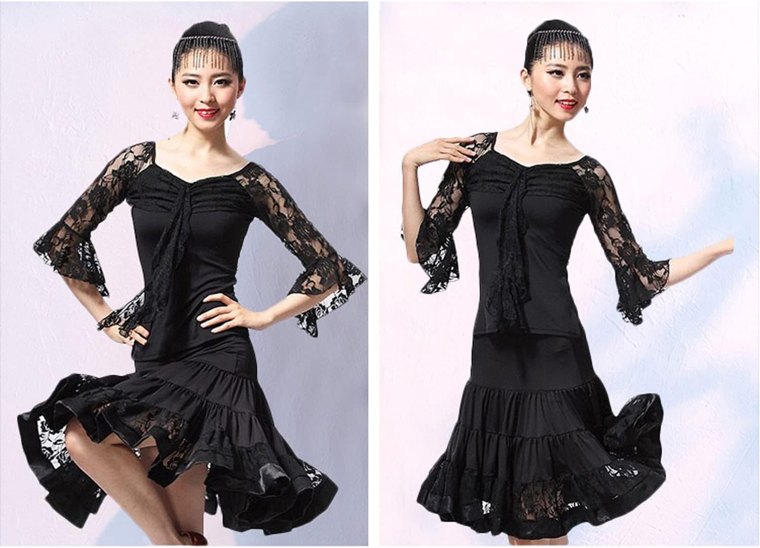Lace Women's Latin Dance Dresses Round Neck Party Tango Dress Waltz Practice Skirt Salsa Ballroom Dancing Outfits