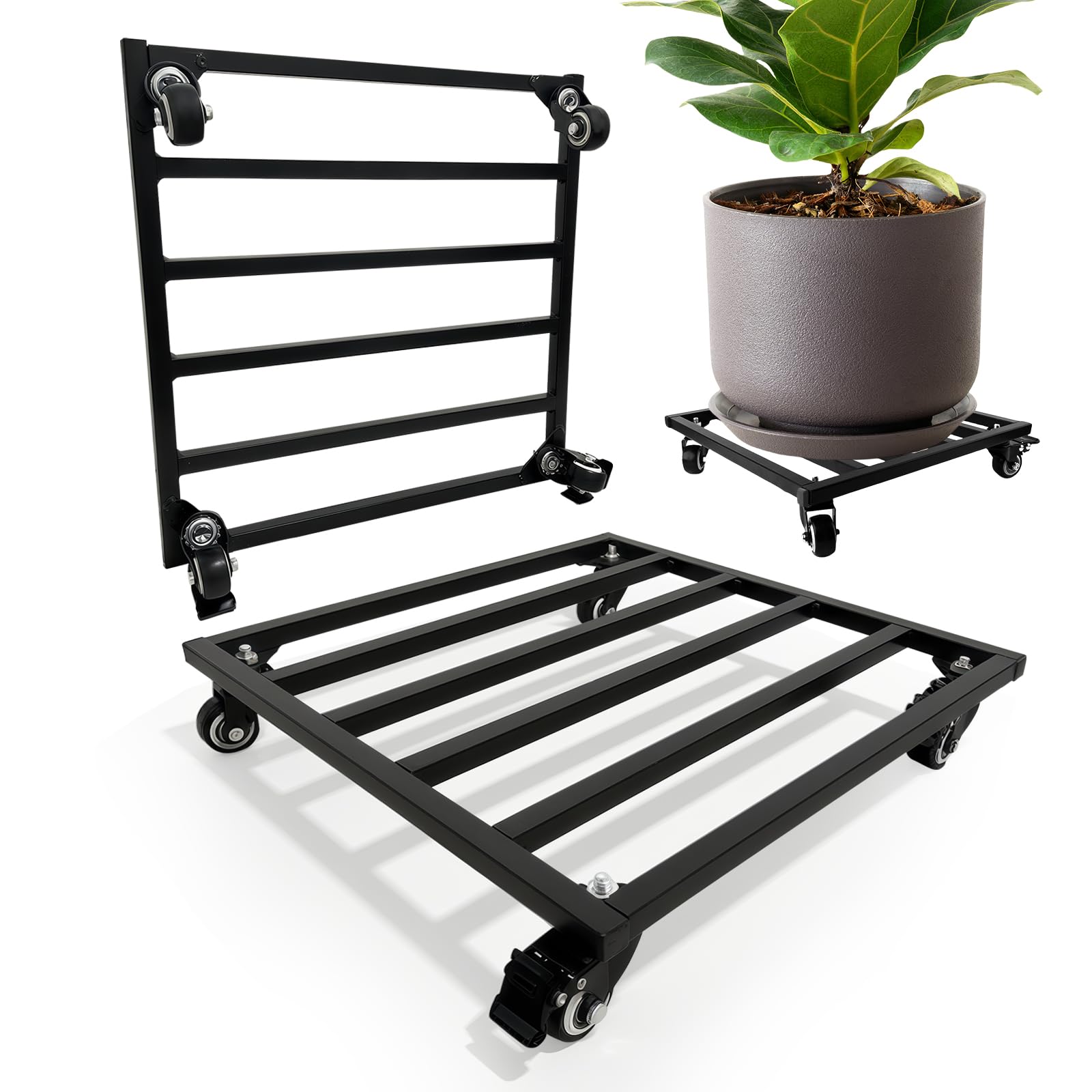 Lot de 2 supports carrés en métal avec roulettes verrouillables, base robuste ou grands pots de fleurs pour intérieur et extérieur 40 cm