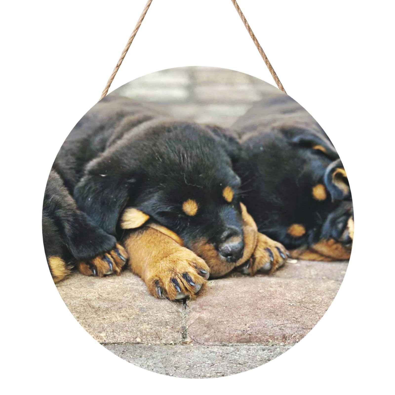 InOmak Rottweiler Sleeping Dogs Pets Puppies Small, Round Wood Panel Painting 12 in, Wall Hanging Painting For Home