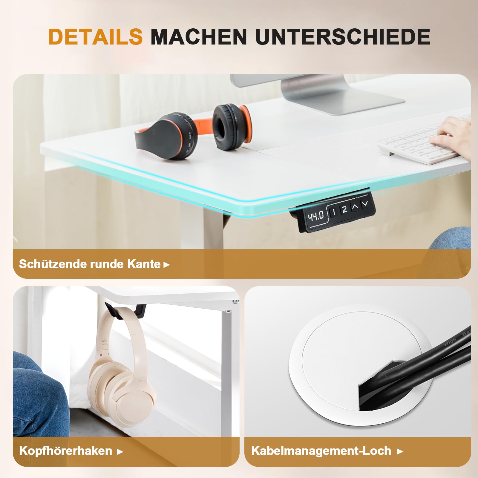 COMHOMA Höhenverstellbarer Schreibtisch 160x70 cm mit USB-Buchse und Haken, Elektrisch Verstellbarer Computertisch, Steh-Sitztisch Stehpult Stehschreibtisch Weiß