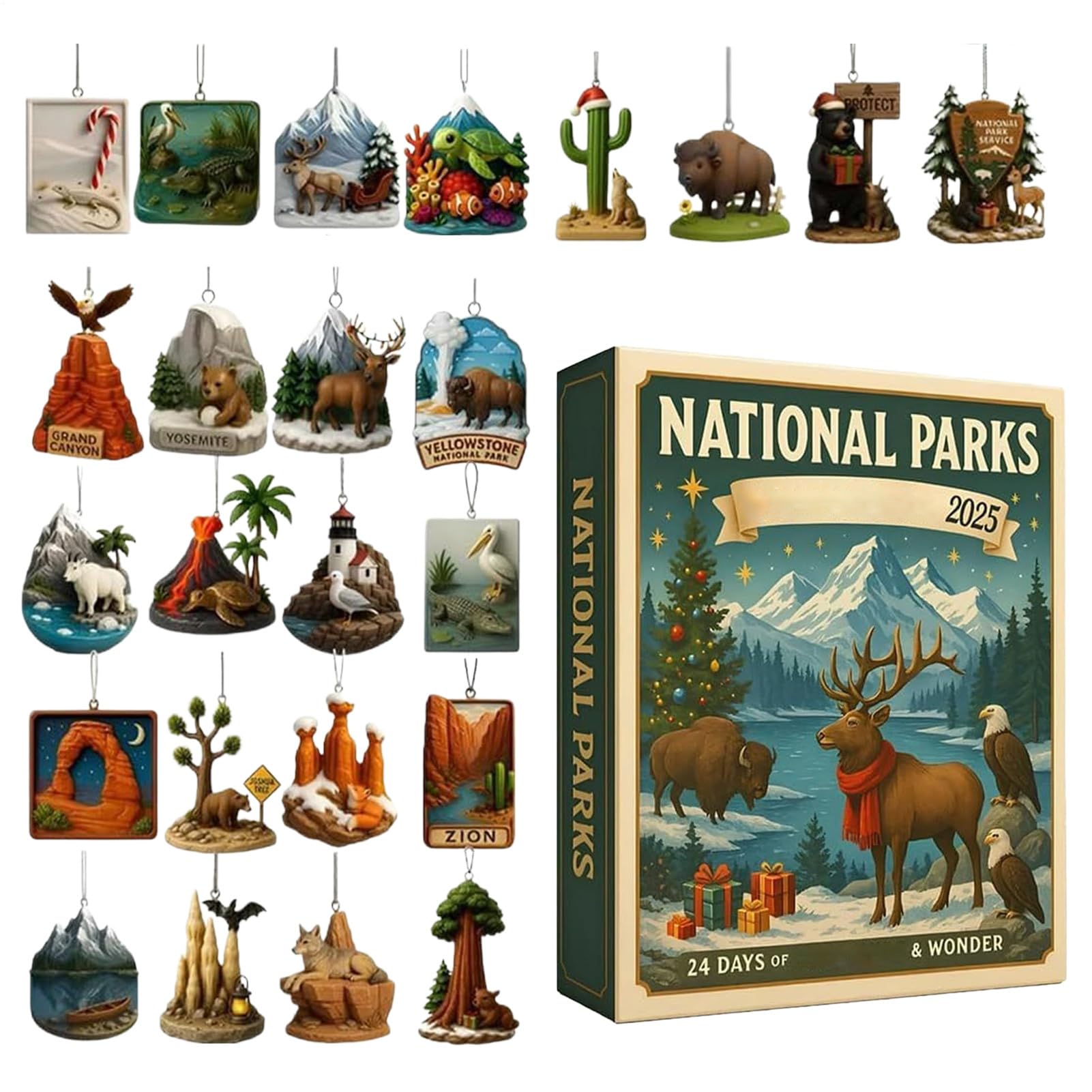 National Parks advent calendars 2025, 24 Day USA National Parks Ornaments, Cute Acrylic Calendar With 2d Flat Figures Toy, 24 Landscapes And Wildlife, Families, And Nature Lovers For Gift