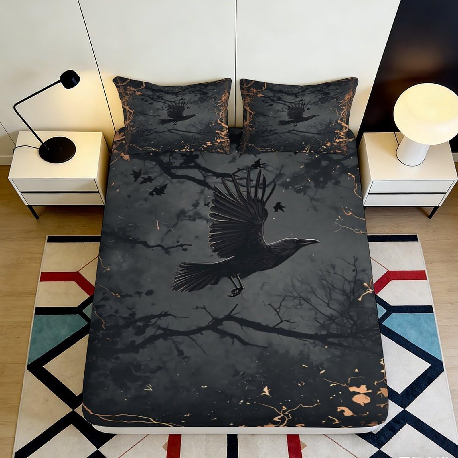 3D Printed Dark Forest Raven Fitted Sheet Microfiber Soft Black Bird Bed Cover for Bedroom Guest Room Decor 90x200x25cm