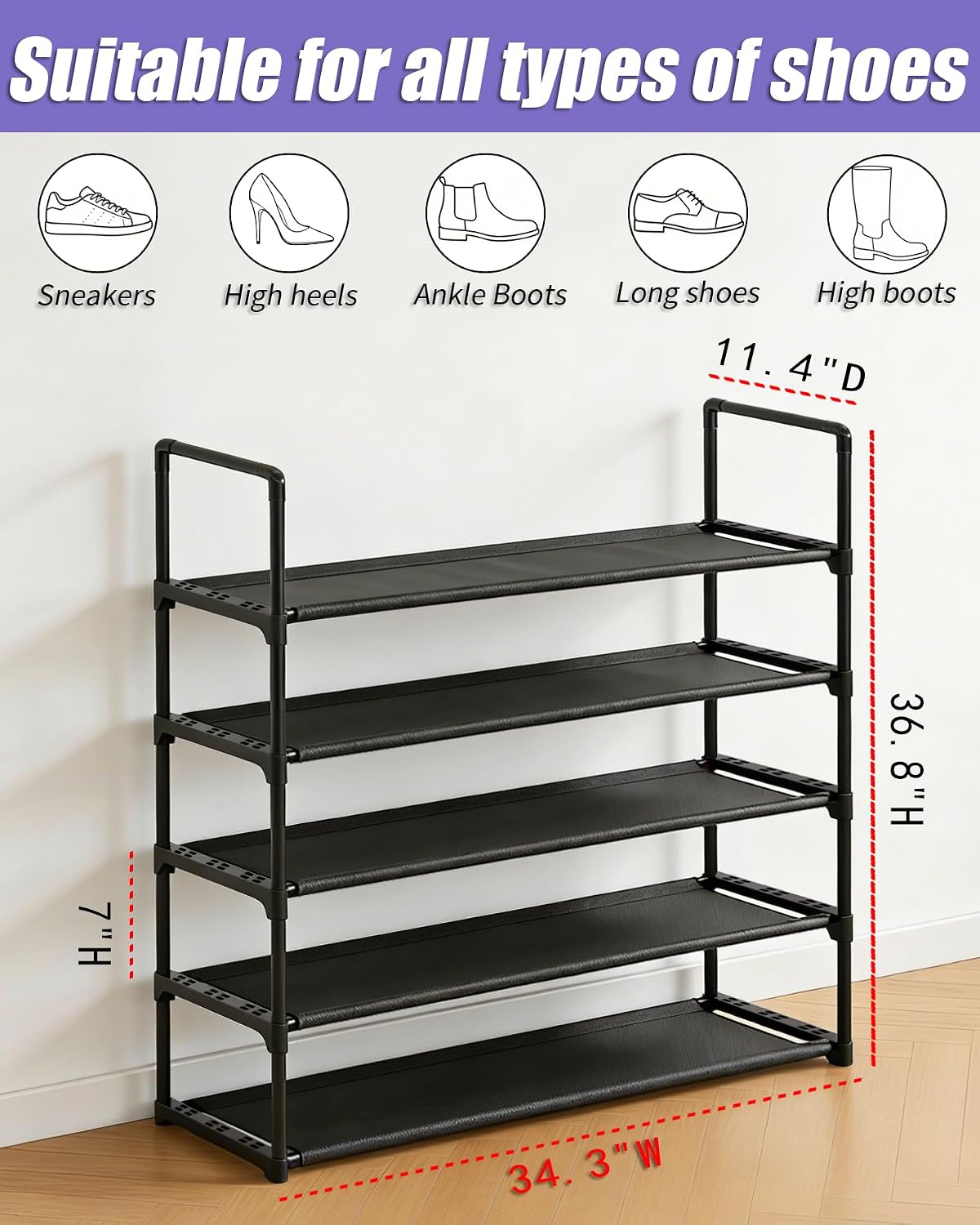 5 Tier Shoe Rack Large Capacity, 34.3" Wide Adjustable Shoe Organizer for 20-25 Pairs, Sturdy Non-Woven Shoe Rack Shelf Multi-Purpose Storage Unit for Closet, Hallway, Entryway,Garage,Black