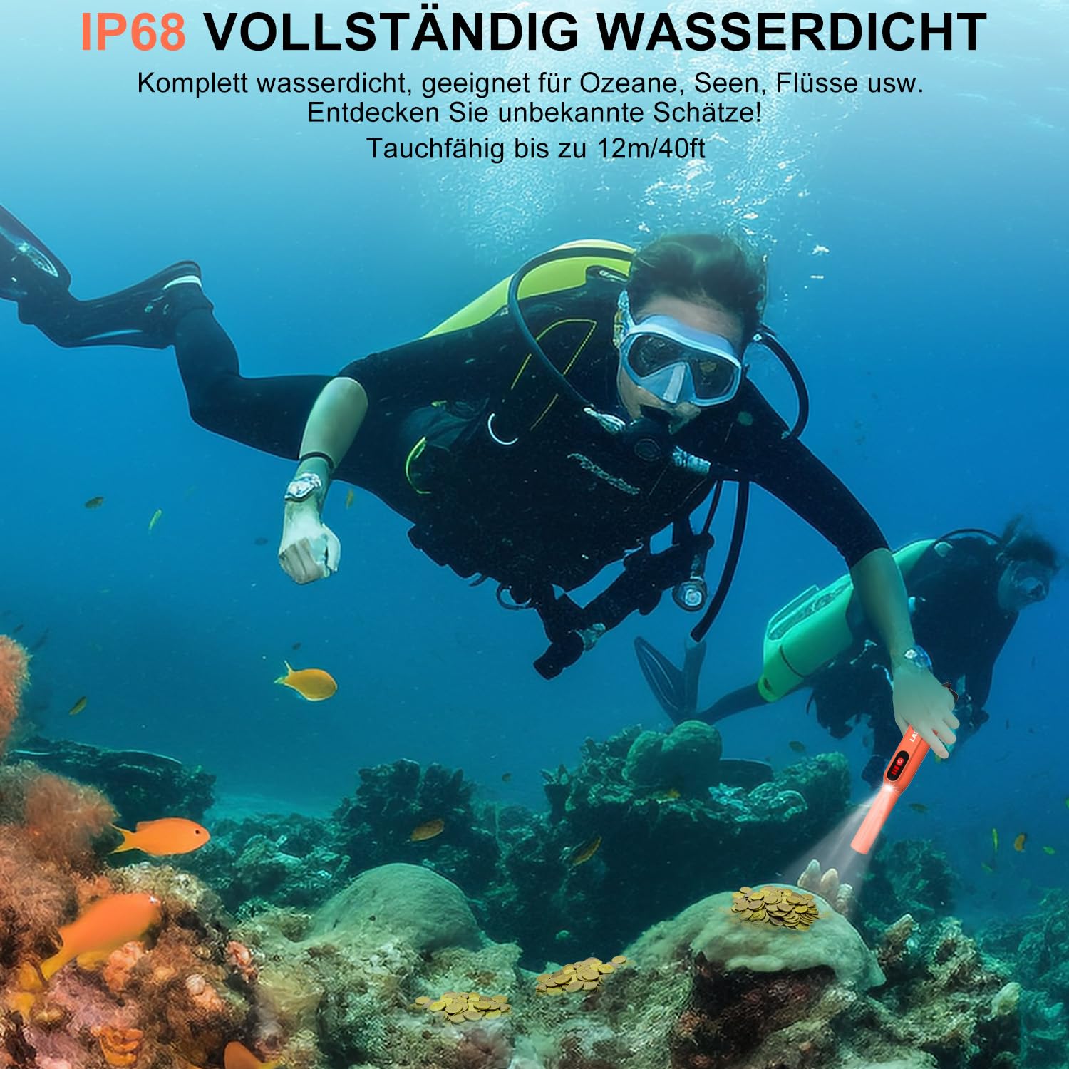 LASELION MD01 Metalldetektor Pinpointer IP68-Wasserdichtigkeitsgrad - Tragbares Metallsuchgerät mit 9V Batterie, Gürteltasche und Umhängeband,360° Suchbereich