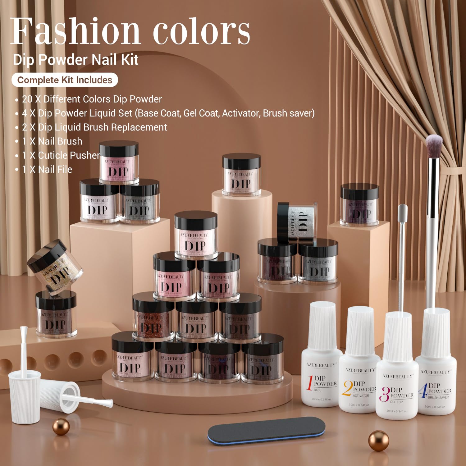 AZUREBEAUTY 31Pcs Dip Powder Nail Kit Starter 20 Colors Pastel Spring Summer Pink Acrylic Dipping Powder Set with Top/Base Coat Activator & Recycling Tray for Macaron French Manicure Salon: Chocolate Neutral Brown