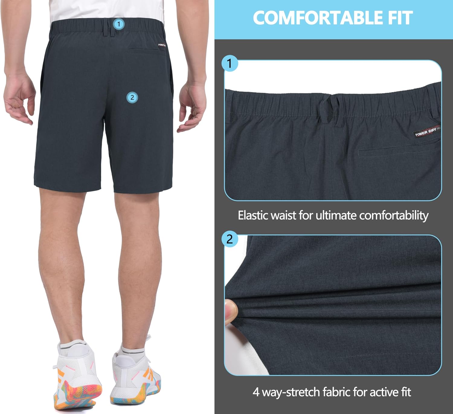 Men's Lightweight Quick Dry Stretch Shorts Bermuda Shorts Golf Hiking Travel Black Heather M