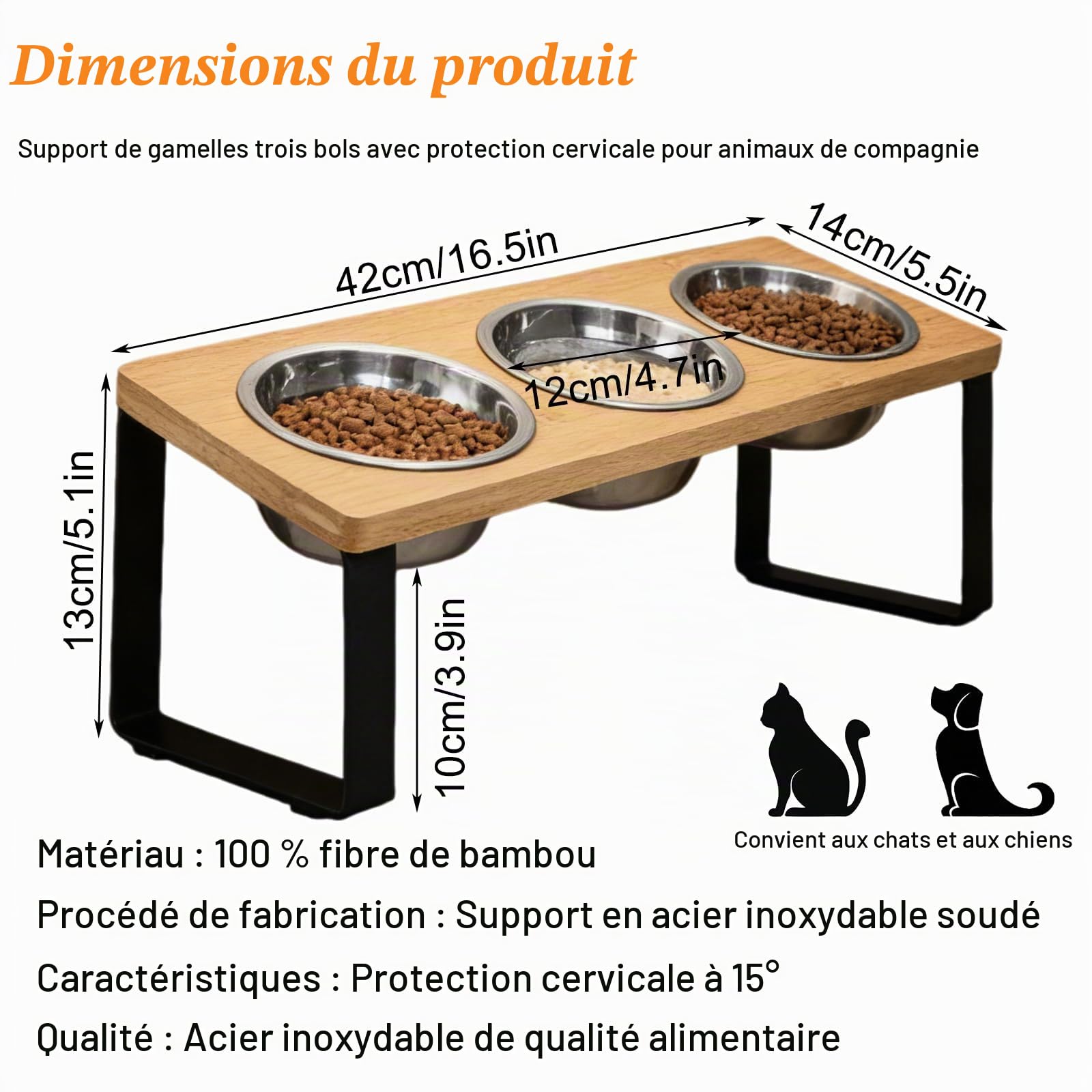Gamelle Surélevée pour Chat, Station d'alimentation Surélevée avec 3 Gamelles en Acier Inoxydable, Ensemble de Gamelles inclinées à 15° avec Support en Bois, Gamelle pour Chat et Chien