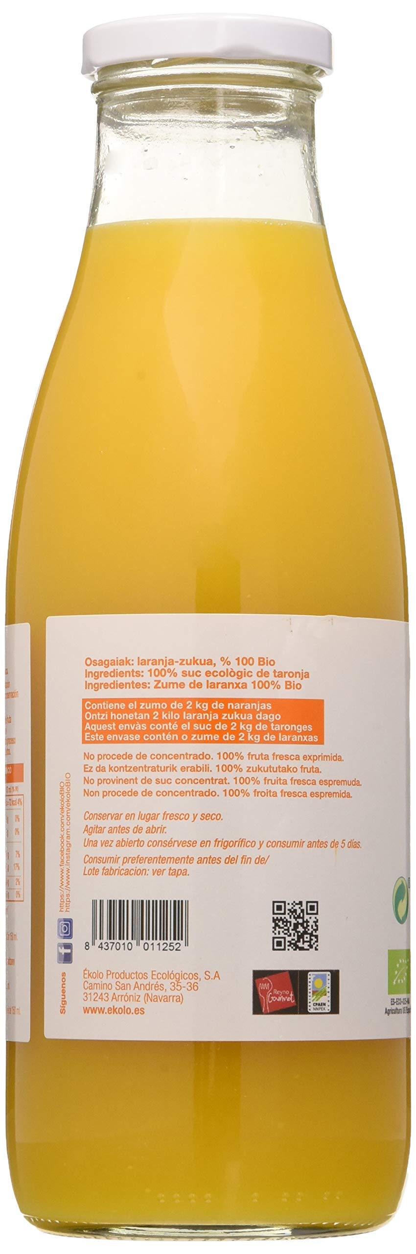 Ekolo Zumo De Naranja Ecológico, 100% Exprimido, 6 Botellas * 750Ml 4500 ml