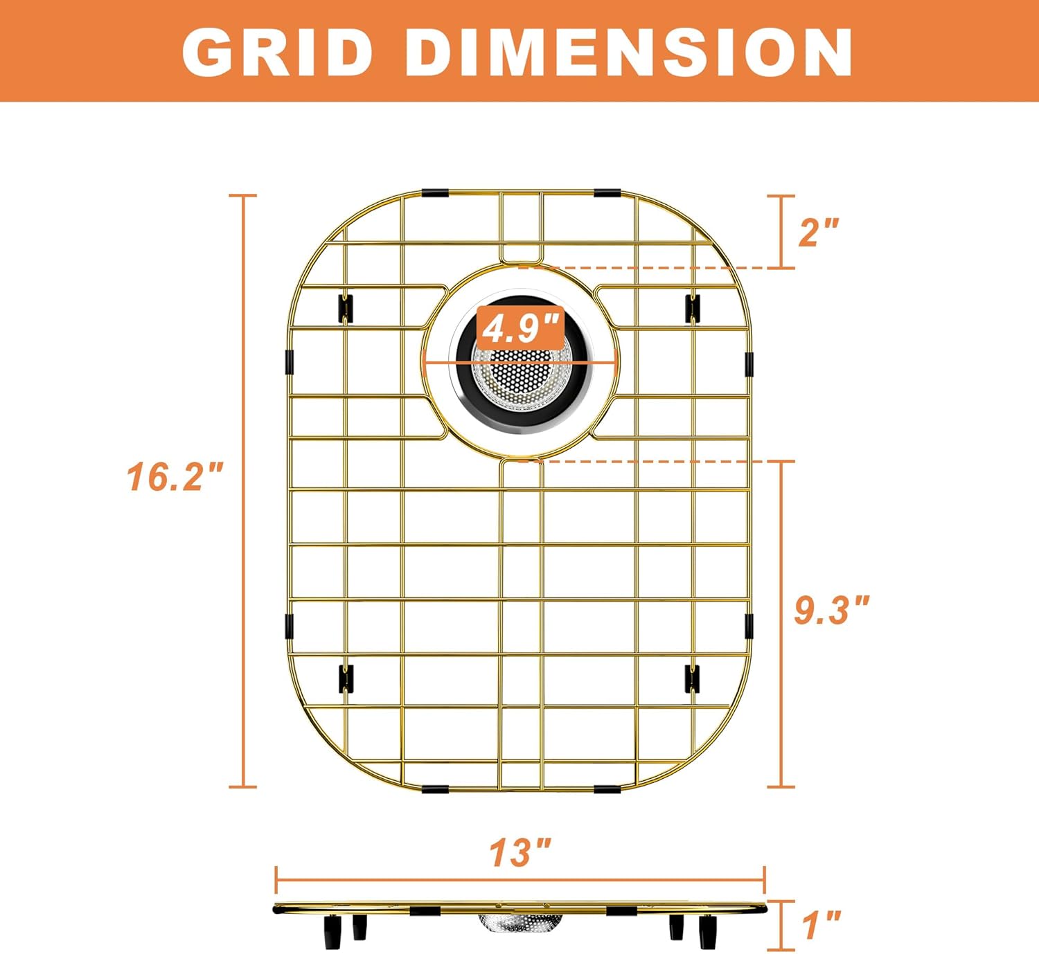 Gold Sink Protector for Kitchen Sink,16.2"x13" Golden Stainless Steel Sink Grid for Bottom of Sink,Sink Grid with Rear Drain and Strainer,Corner Radius 3-1/2"