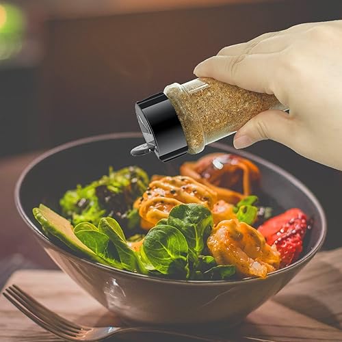 Miniatura 6 de Paquete de 24 tarros de plástico transparente para especias de 3.3 onzas con tapas negras para coctelera, botella redonda de especias de 3.3 onzas,