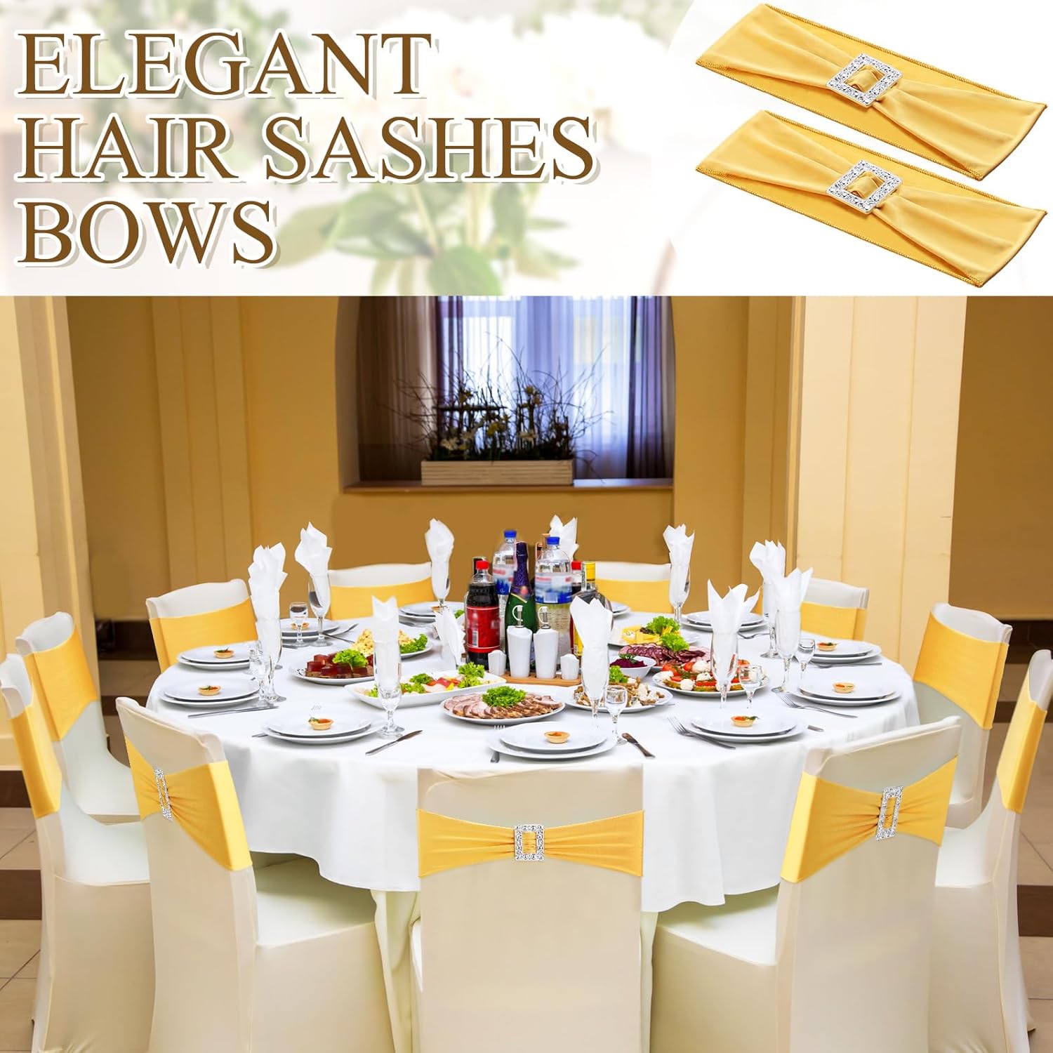 VitalCozy 100 Pcs Spandex Chair Sashes with Square Buckle Slider Stretch Chair Cover Band Universal Elastic Ties Straps Bows for Wedding Banquet Event Party Decoration(Gold)