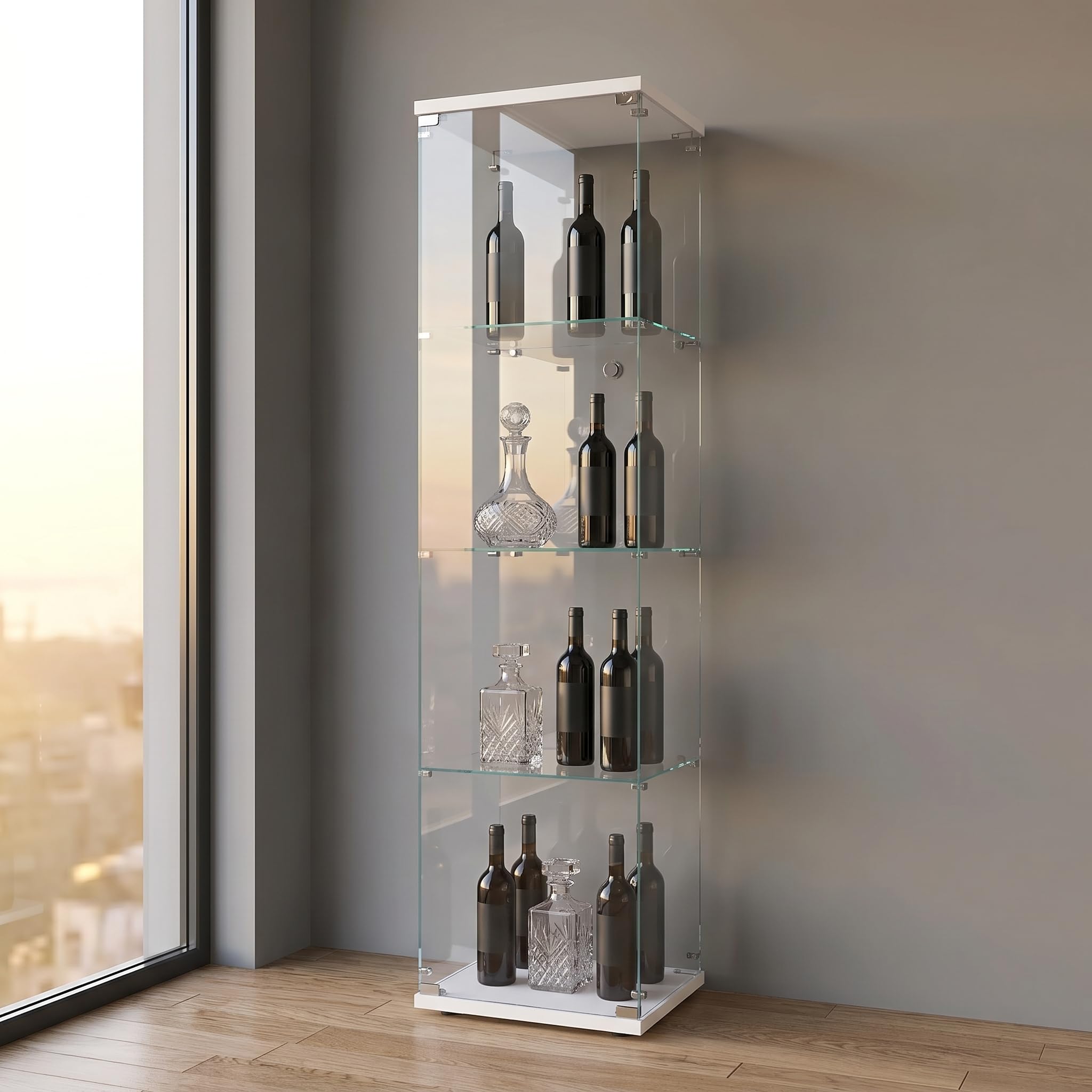 Vetrina in vetro per soggiorno, 164 x 42,5 x 36,5 cm, vetrina in vetro con serratura e porta, 4 ripiani, trasparente, grande, vetrina da collezione per soggiorno (4 strati