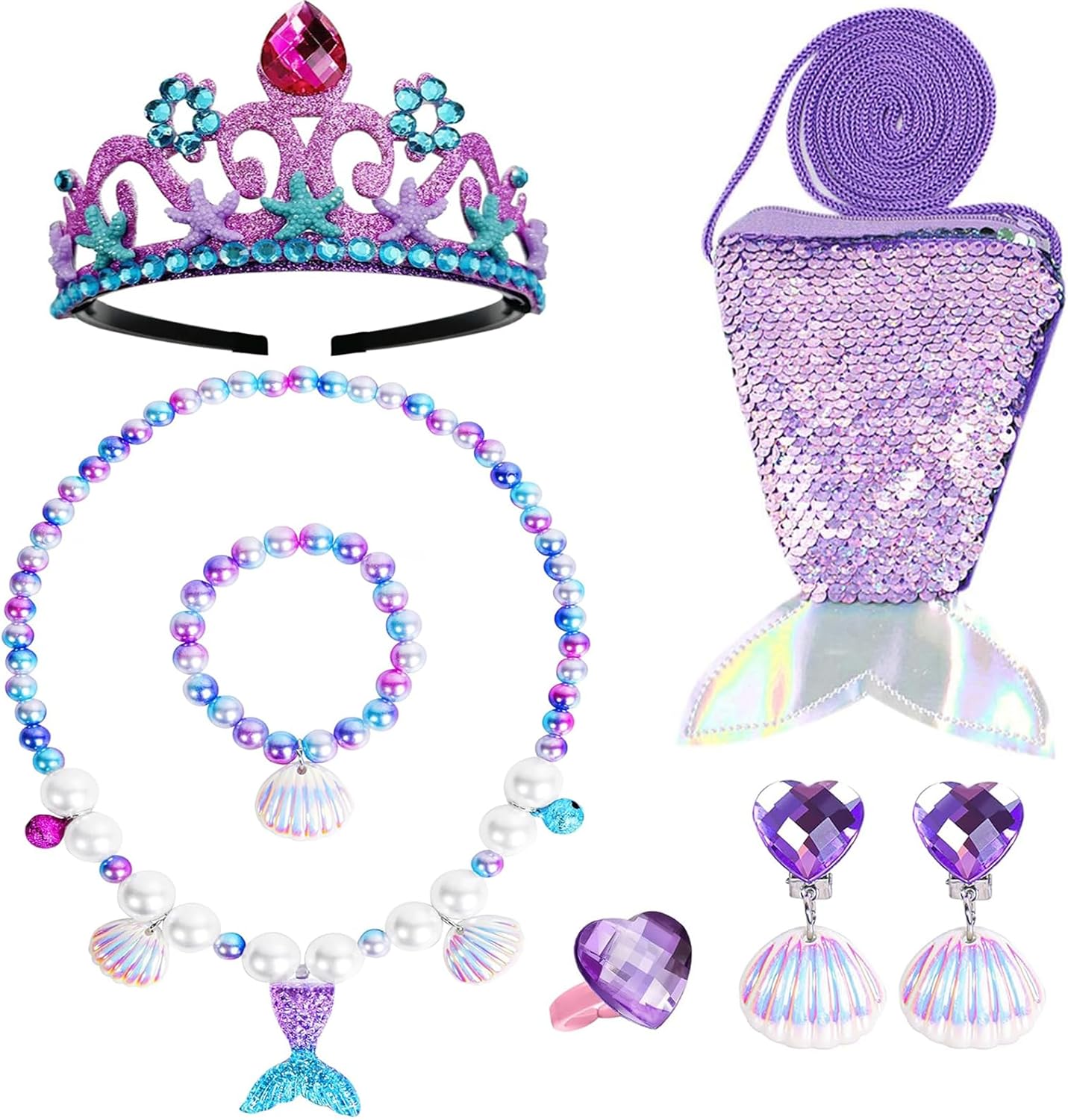 Mermaid Jewelry for Girls Mermaid Crown Fake Pearl Necklace Bracelet Purse Ring Shell Earrings Mermaid Accessories Set Princess Party Dress Up Pretend Play Christmas Birthday Gift