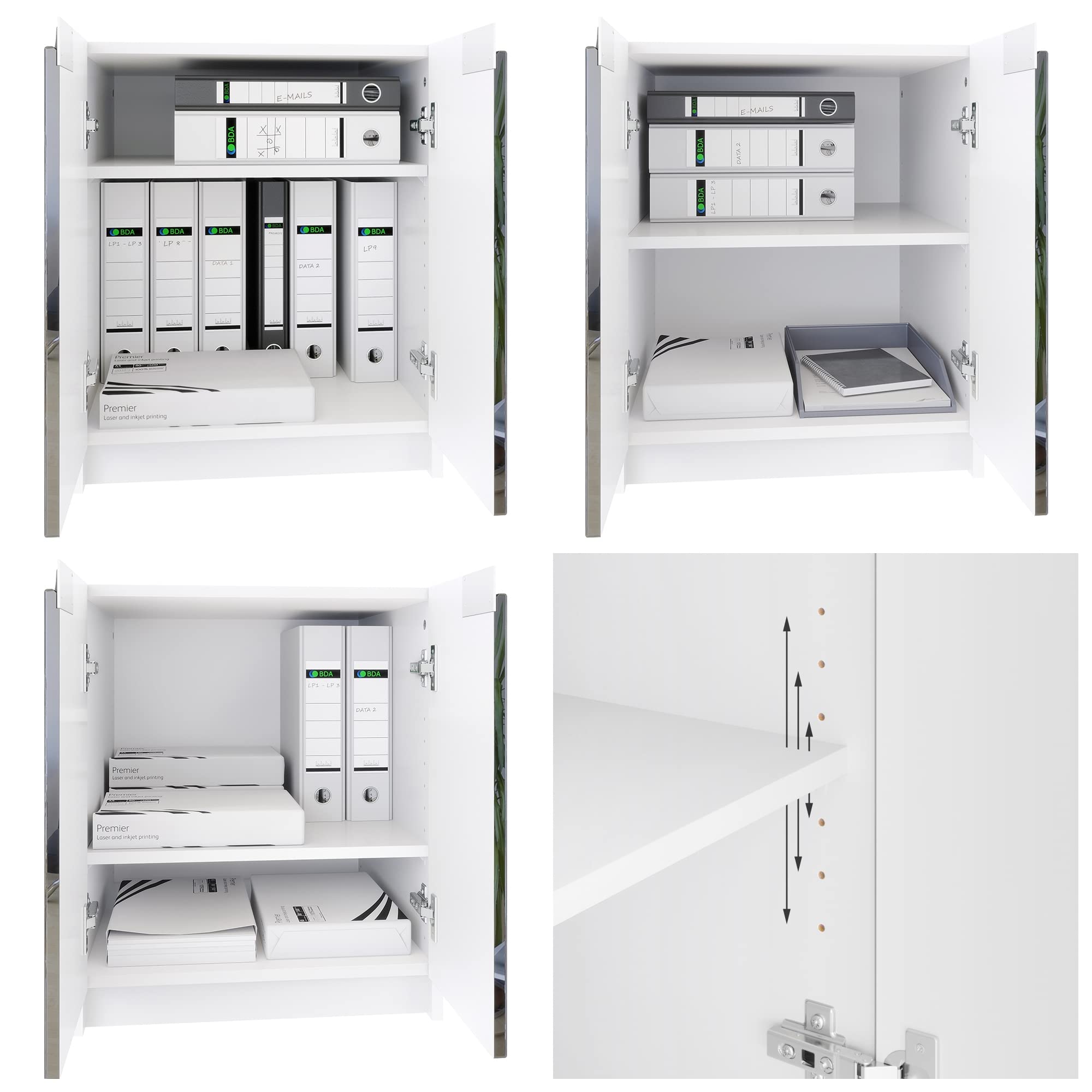 Vladon Mobiletto porta stampante Logan, armadietto schedario con 2 scomparti e 2 ante, cassa bianco opaco, frontali bianco lucido, (51 x 60,5 x 54 cm)