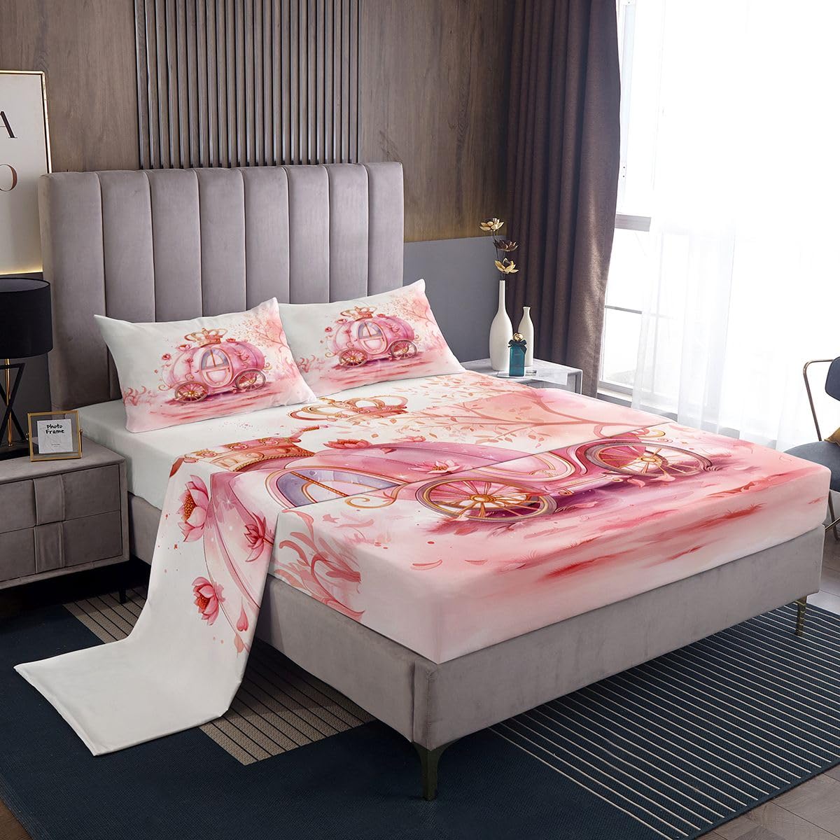 jejeloiu Princess Bed Sheets Sets Twin Size Kids Boys Girls Pink Castle Bedding Set Cute Bed Sheet Set with 16-Inch Deep Pockets Kawaii 3Pcs with 1 Pillow Cases White and Pink