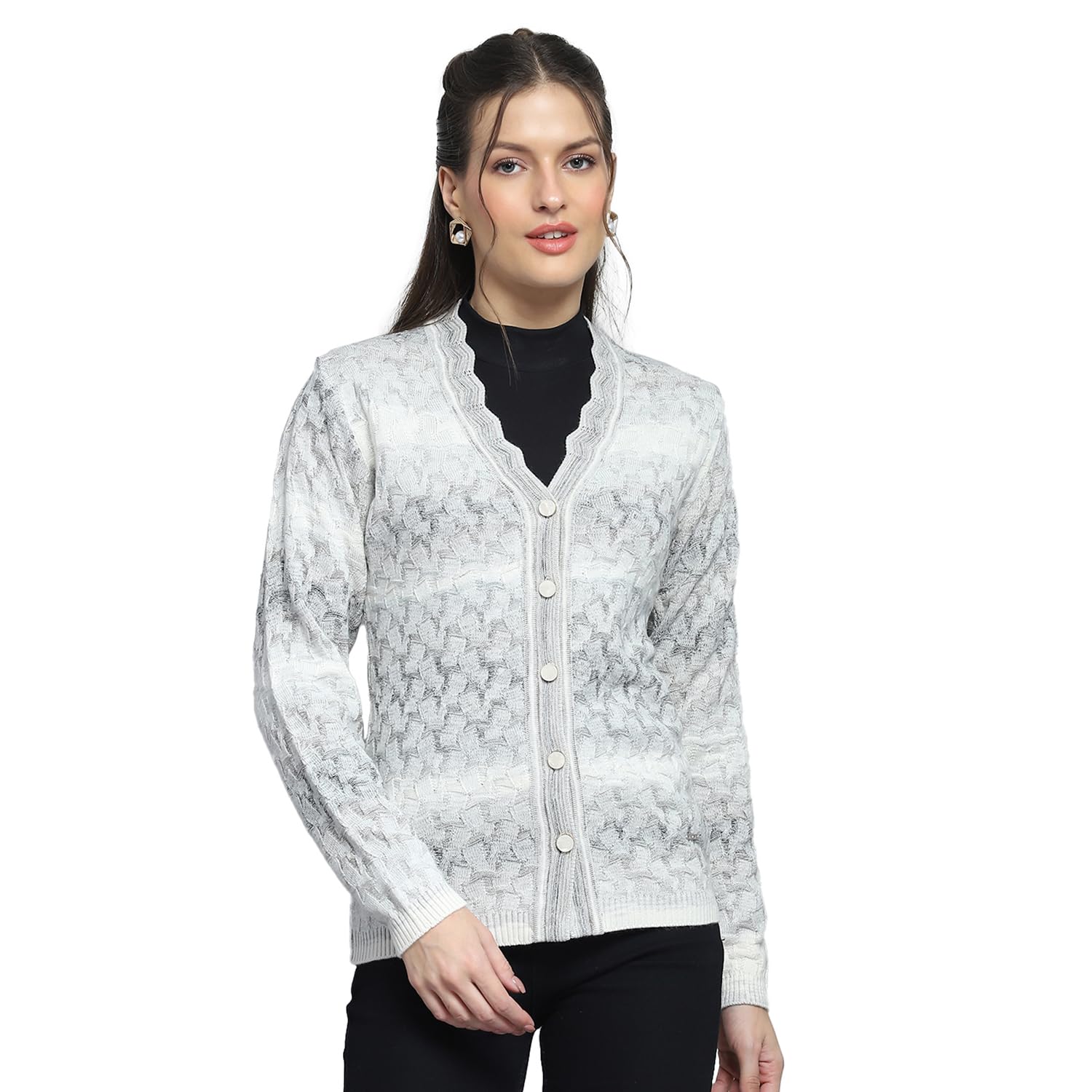 Womens Self Design Grey V Neck Full Sleeve Cardigan_1243681VN-2