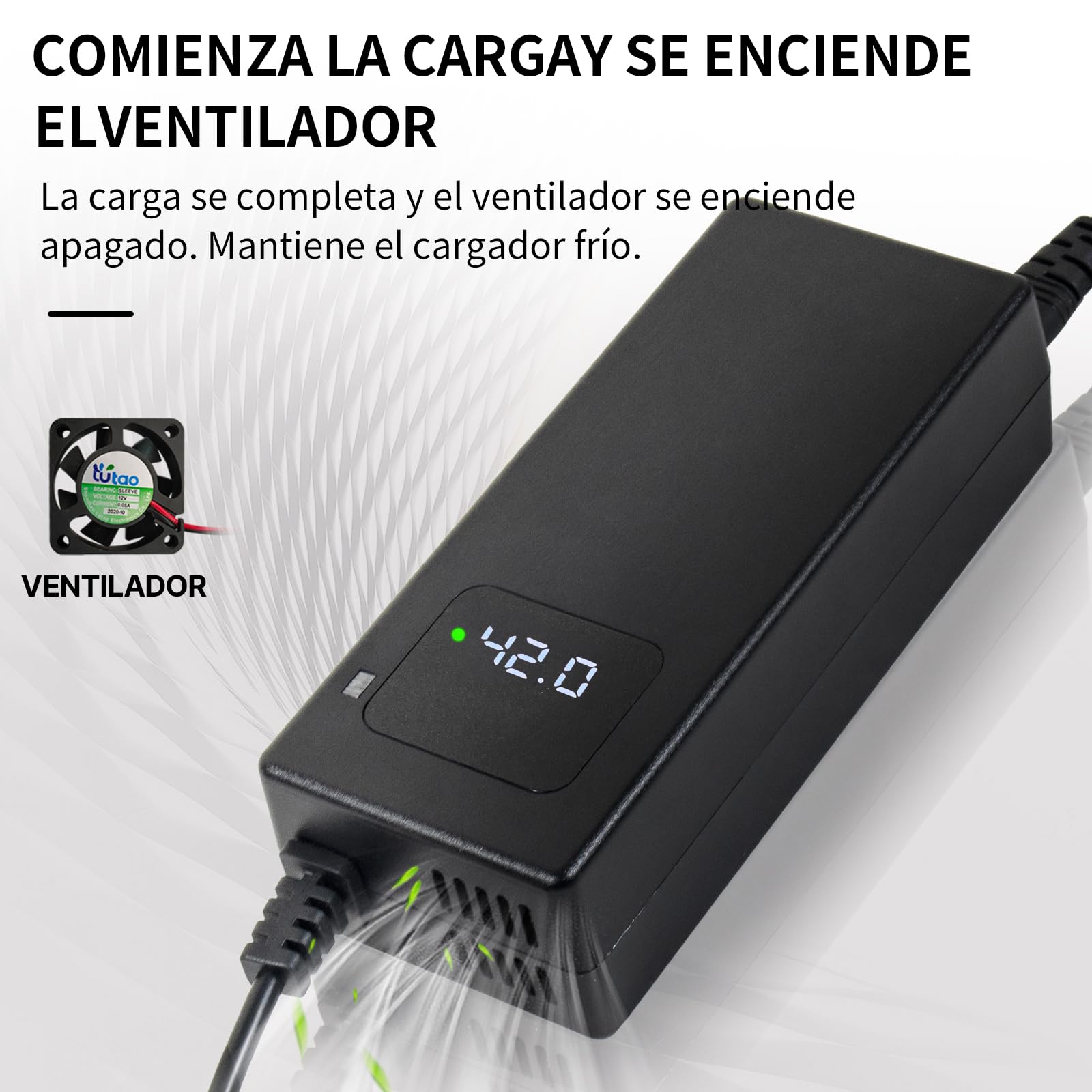 Cargador rápido 42V Li-Ion 36V, Bicicleta eléctrica y Patinete eléctrico | Pantalla LED, múltiples protecciones, certificación CE y conectores RCA de 8 mm y DC de 5,5 x 2,1/2,5 mm.