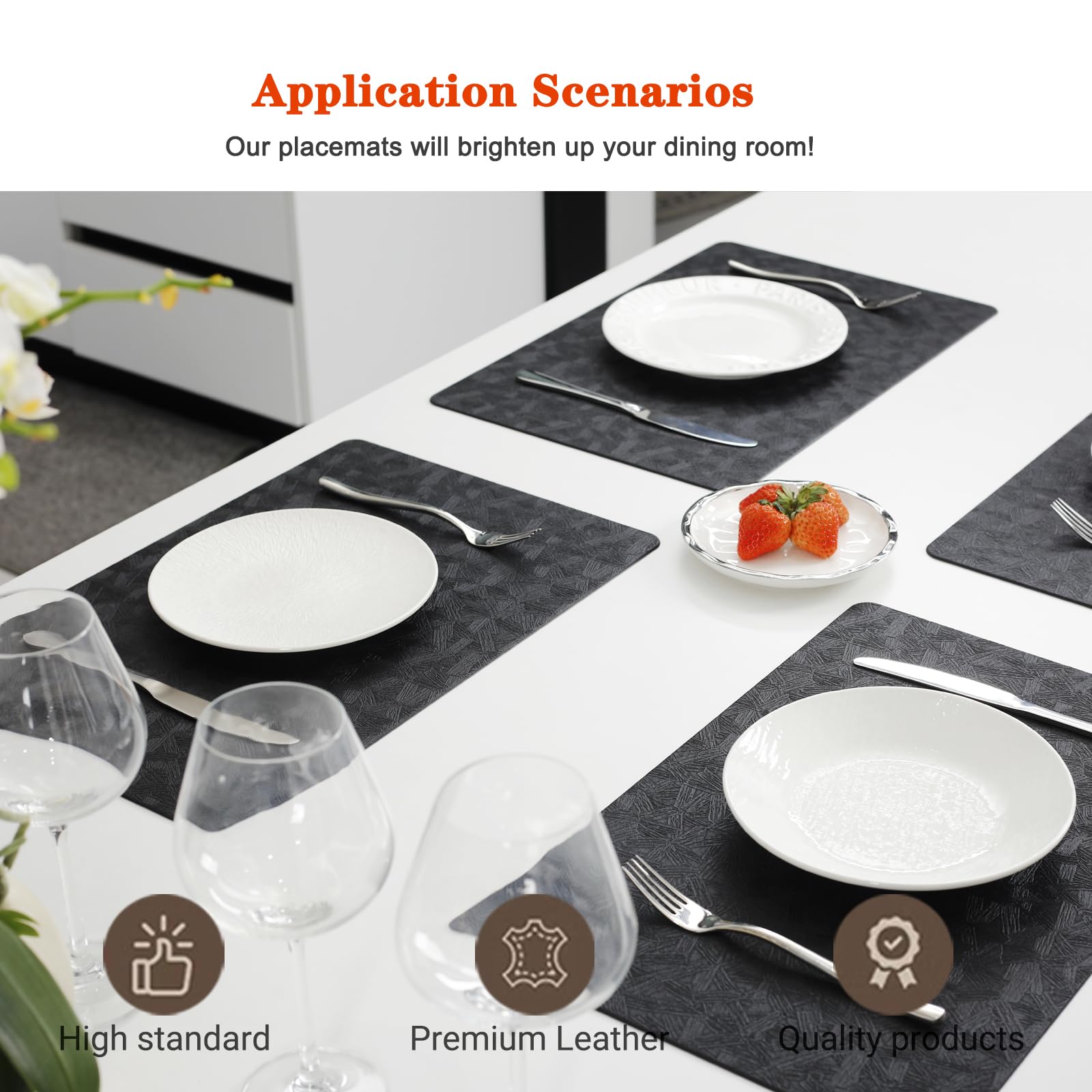 Vinyl Placemats Set of 6 Heat Resistant Easy Clean Non-Slip Place Mats for Dining Table. Faux Leather Waterproof Stain Resistant Wipeable Washable PVC Table Mats(6, Black)